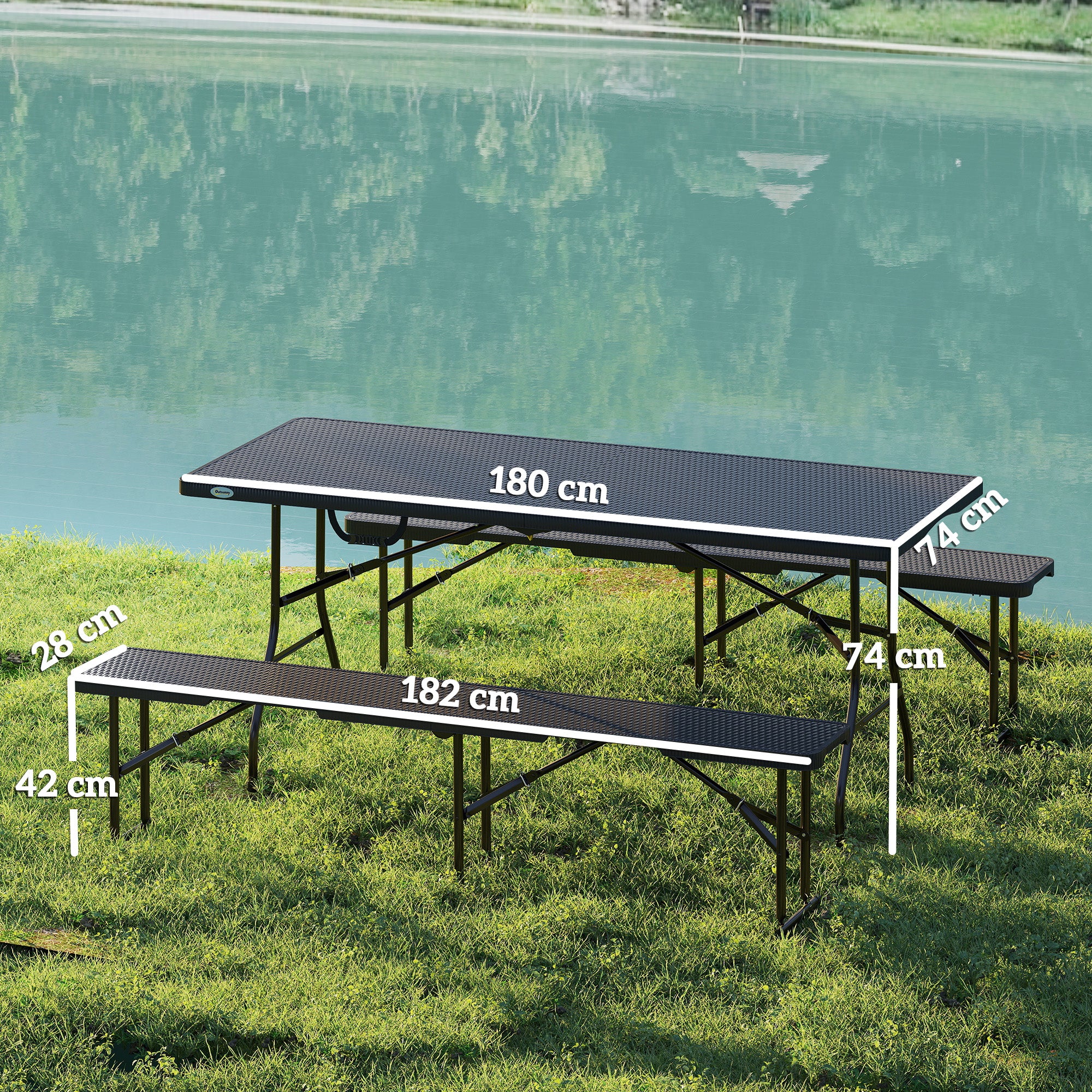 Fällbart picknickbordsset, 3-delat, svart, HDPE & metall