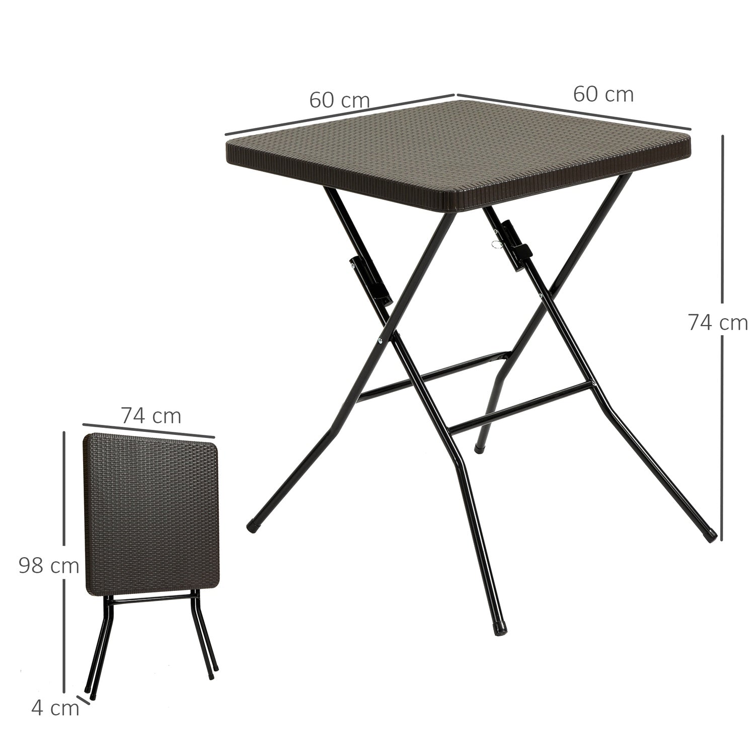 Fällbart trädgårdsbord, Plast & Metall, 60x60x74cm, Brun