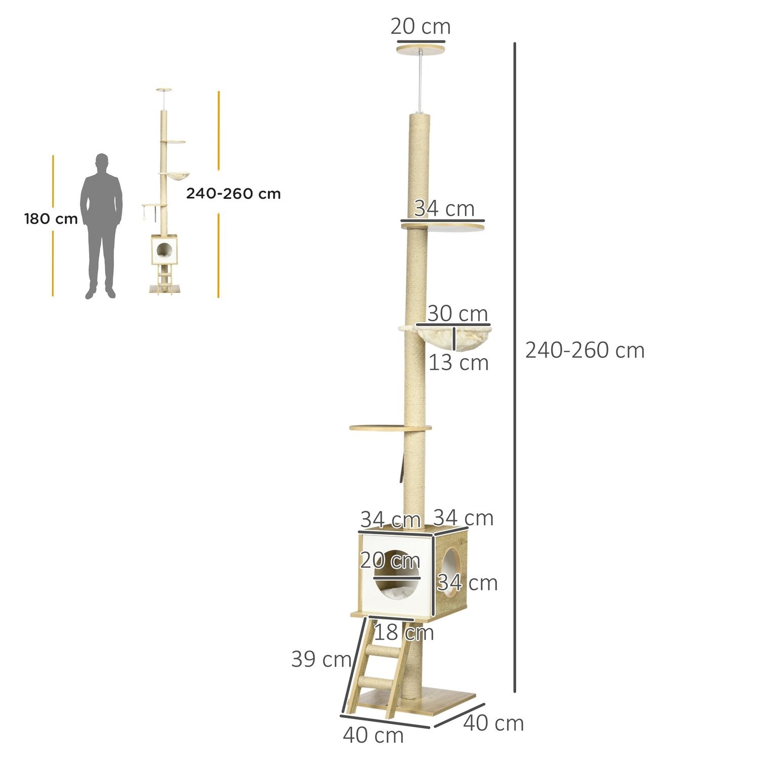 Ripestolpe takhøy 240-260 cm, med kattehus og hengekøye, lys brun + beige