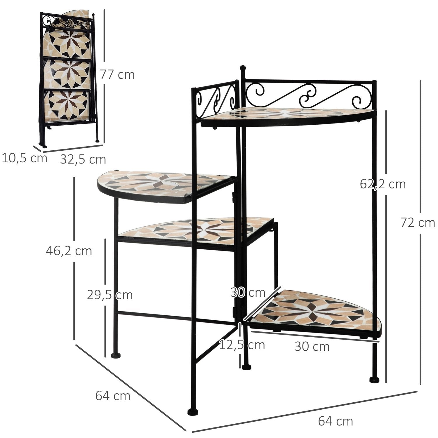 Blomsterstativ 4-trinns sammenleggbar blomstertrapp for hage og balkong, metall med keramiske fliser, svart+beige, 64X64X72Cm