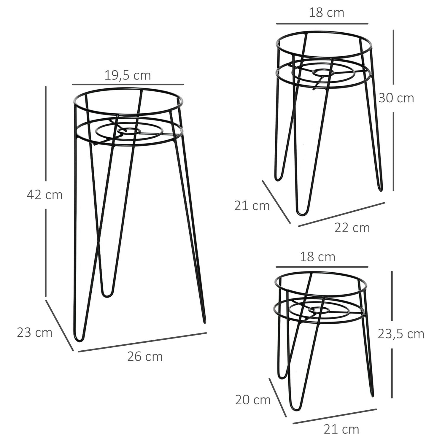 Blomsterstativsett med 3 metallplantestativsett Blomsterkrakk Blomsterpotteholder Plantekrakk For Blomsterpotte Opp til Diameter 16 Cm Svart