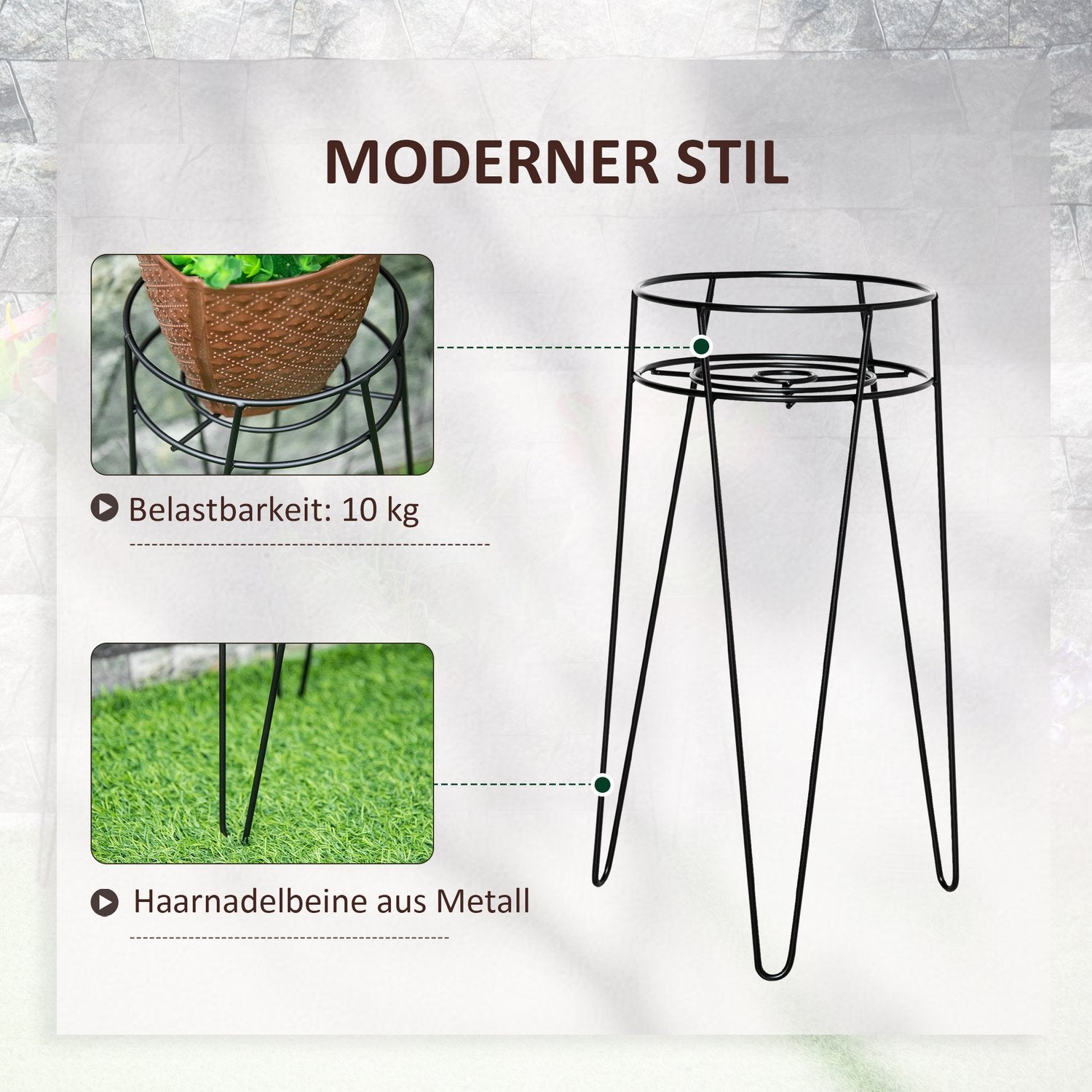 Blomsterstativsett med 3 metallplantestativsett Blomsterkrakk Blomsterpotteholder Plantekrakk For Blomsterpotte Opp til Diameter 16 Cm Svart