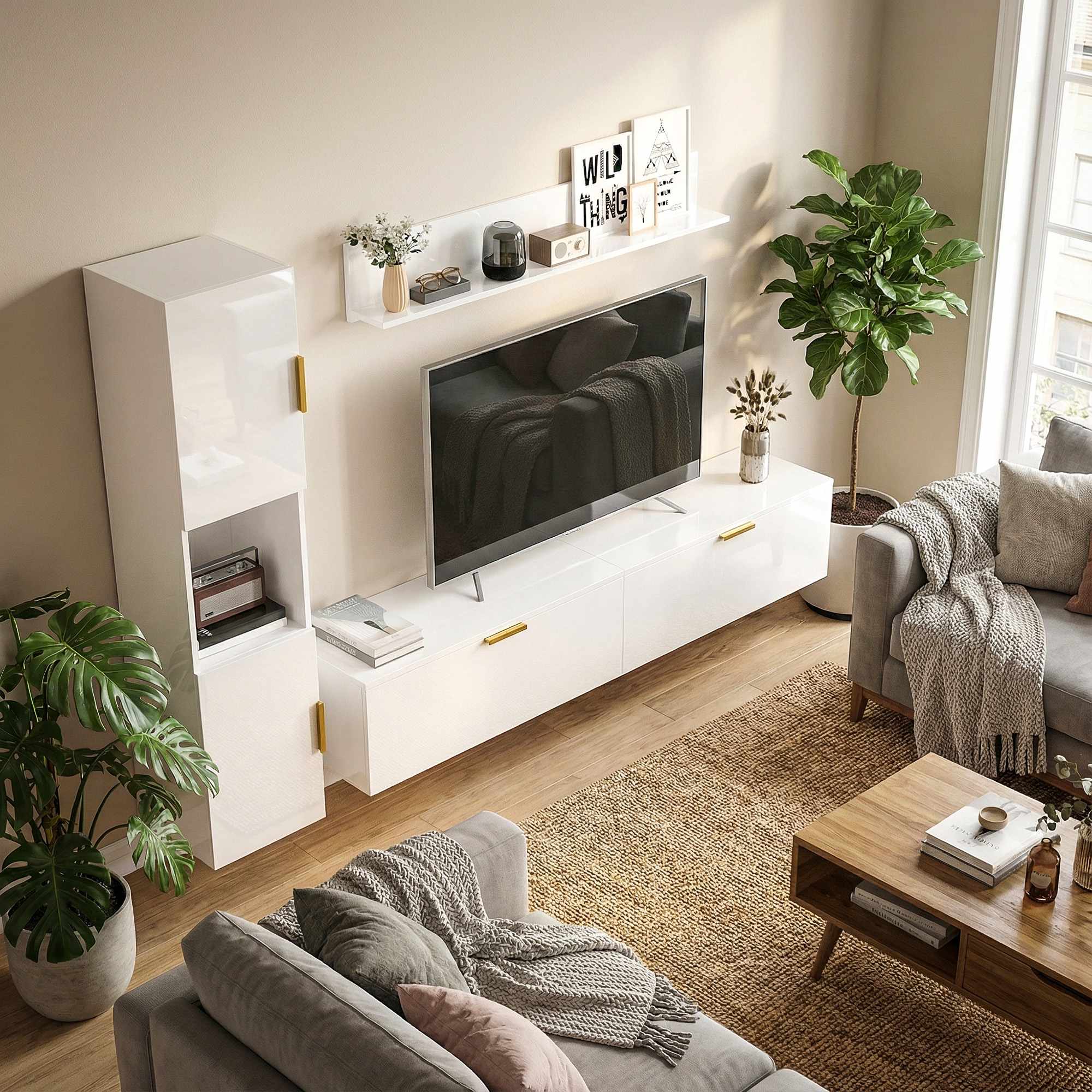 Flytande TV-bänk med fällbara dörrar, 180 cm blank vit