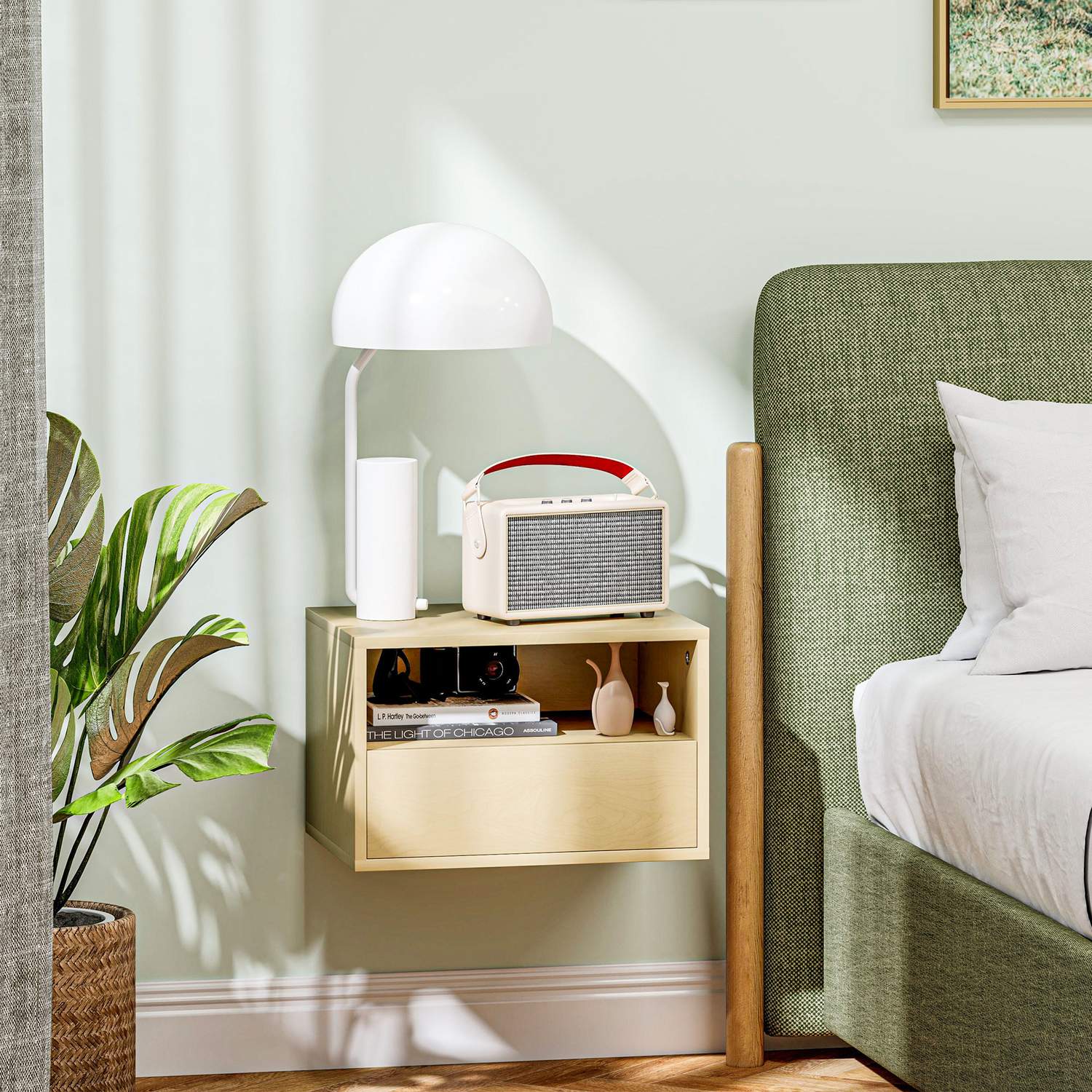 Flytande nattduksbord – naturligt trä, låda, hylla