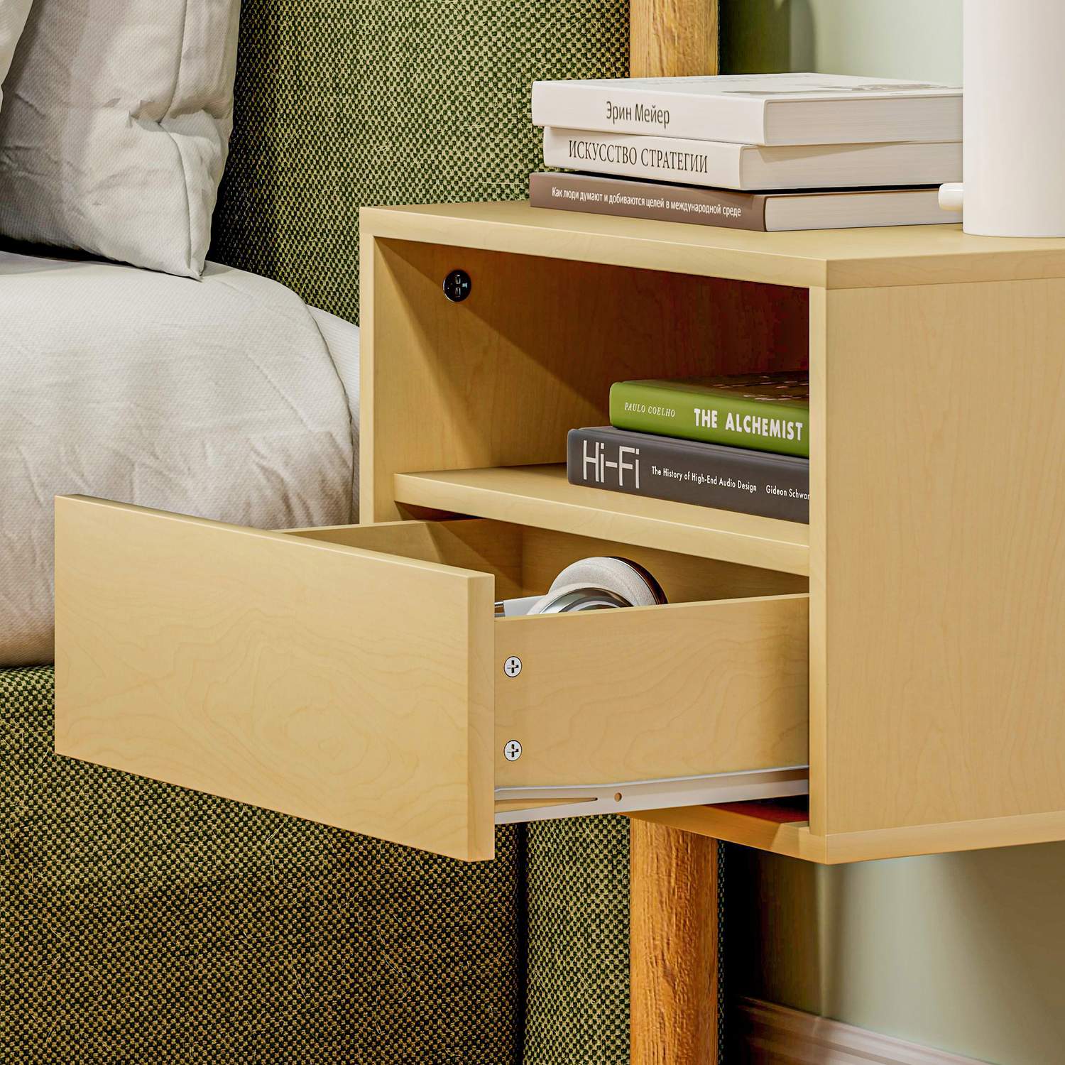 Flytande nattduksbord – naturligt trä, låda, hylla