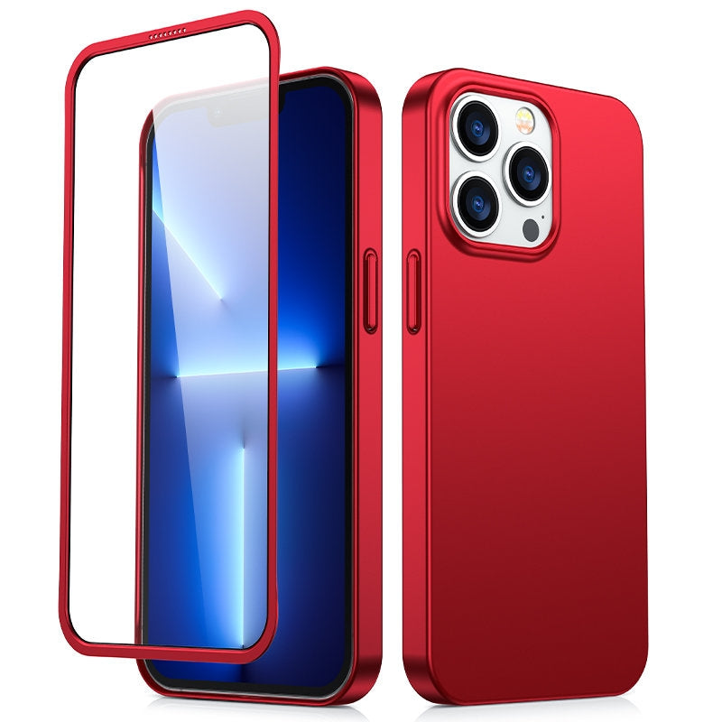 Fodral skal för iPhone 13 Pro Max, bak- och frontskal + härdat glas, rött