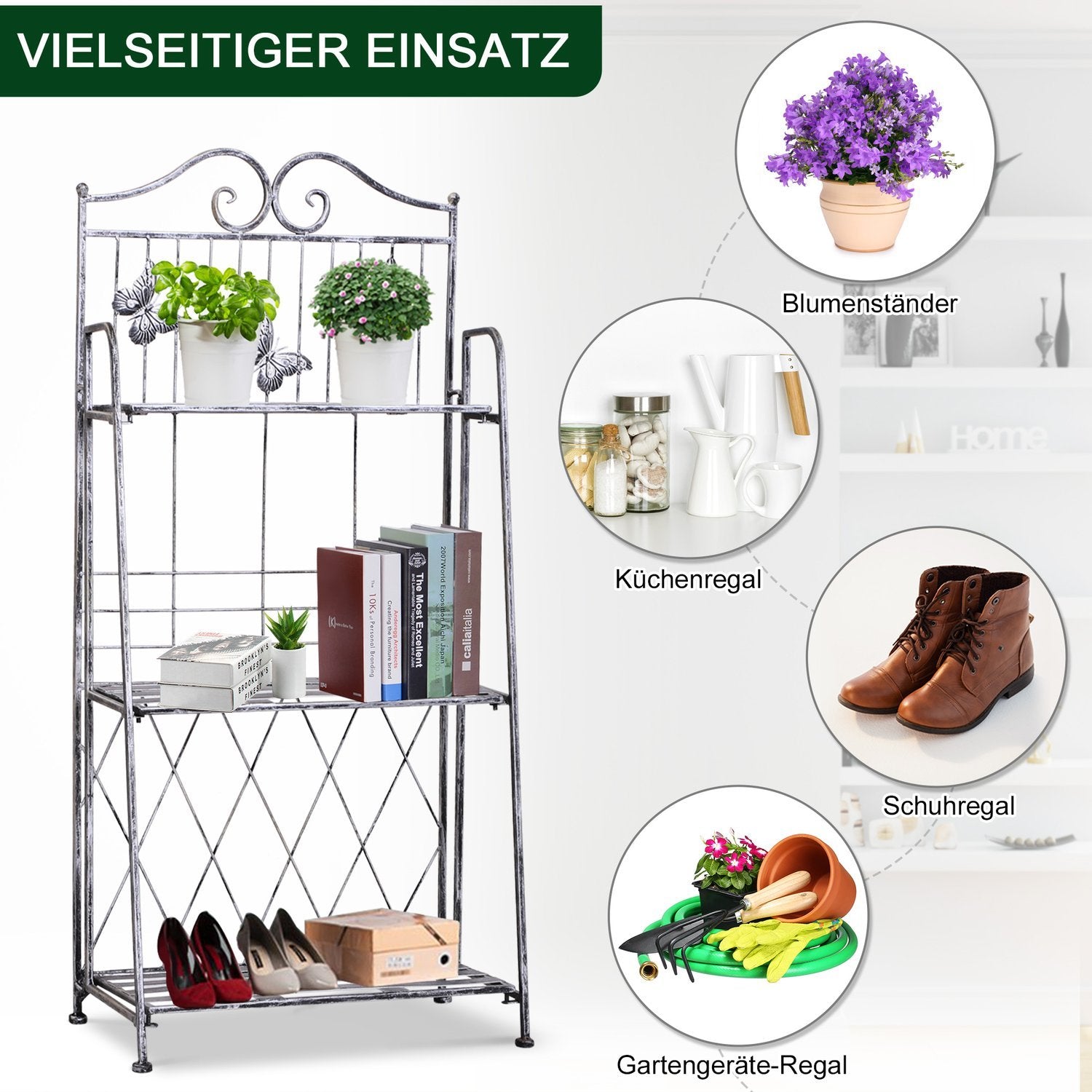 Plant Rack Blomsterställ I Metall Med 3 Nivåer, Blomstrappa För Trädgård, Silvergrå, 44X25X96Cm