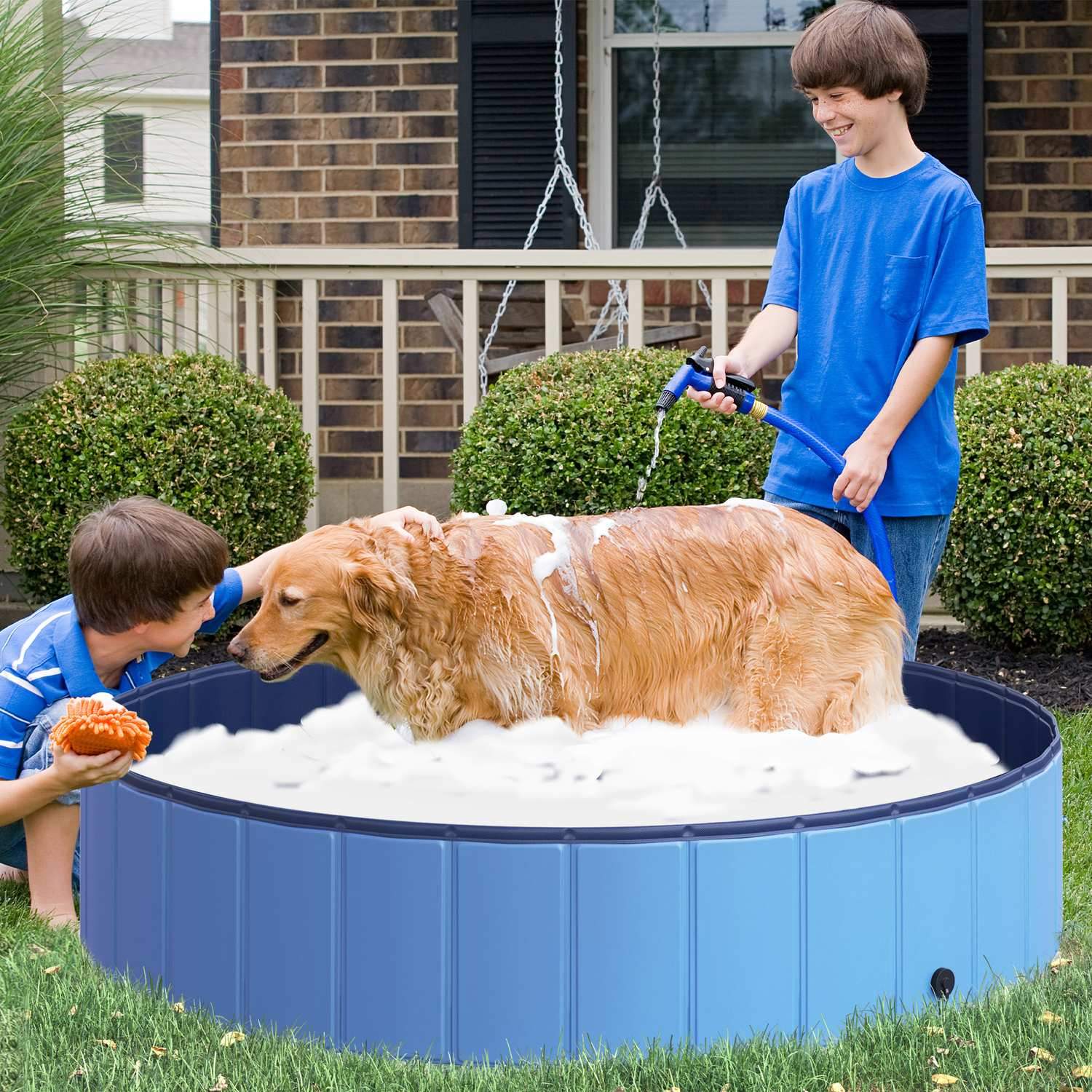 Dog Pool Stor Pool För Hundar, Plaskdamm Av Pvc + Trä, Blå, Diameter 140 X Höjd 30 Cm, Perfekt För Sommaren