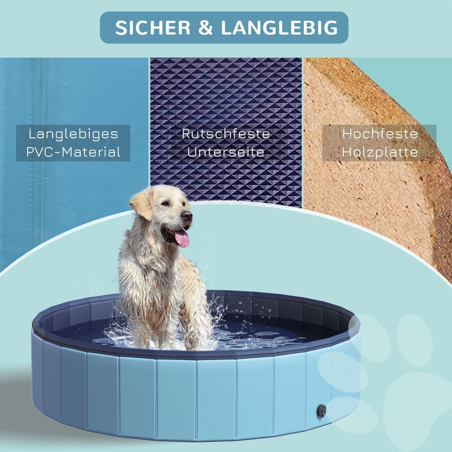 Dog Pool Stor Pool För Hundar, Plaskdamm Av Pvc + Trä, Blå, Diameter 140 X Höjd 30 Cm, Perfekt För Sommaren