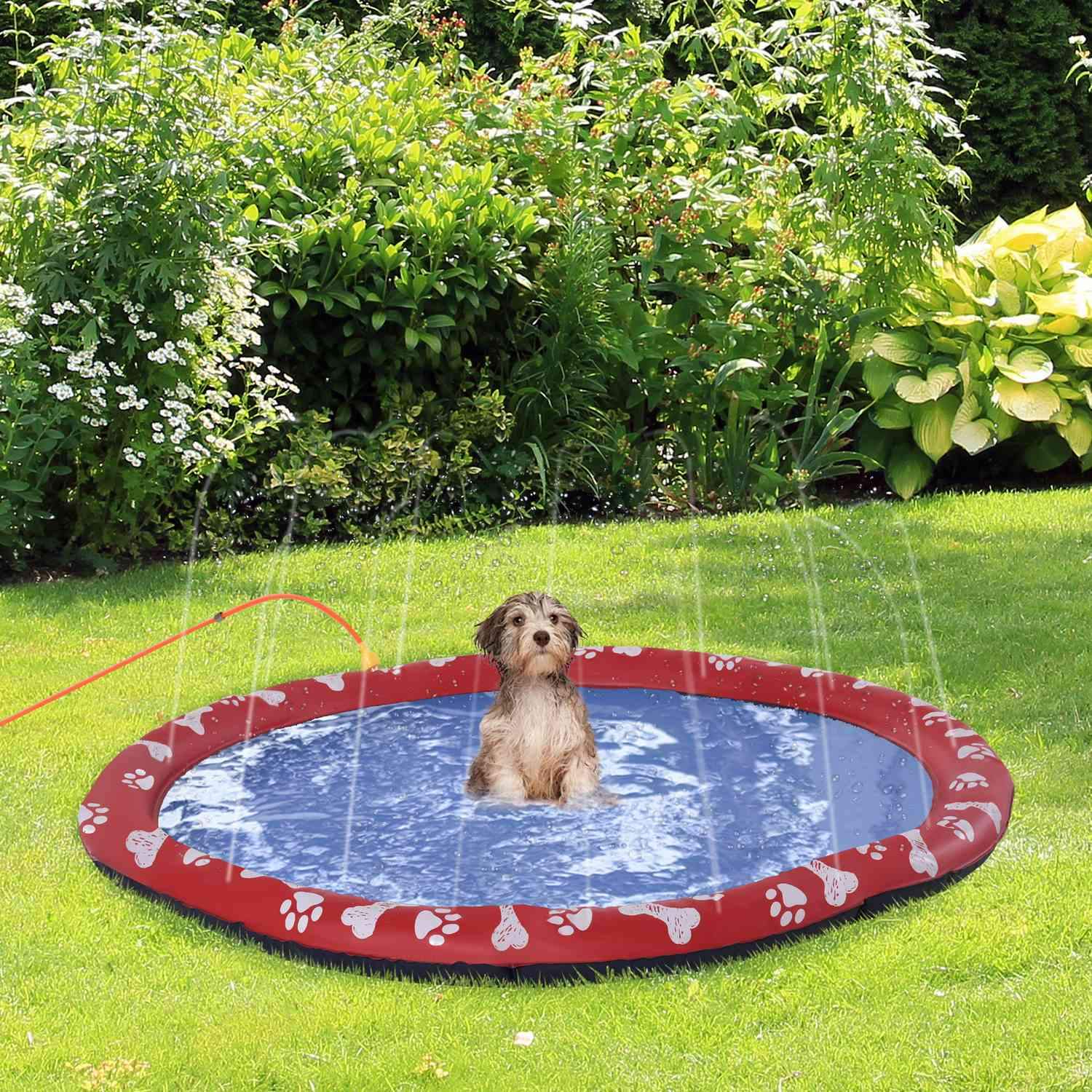 Hundebasseng For Hunder, Vannmatte Diameter 150 Cm Hundebasseng Spray Vannlekematte, Sklisikker, Til Hage, Camping, Rød