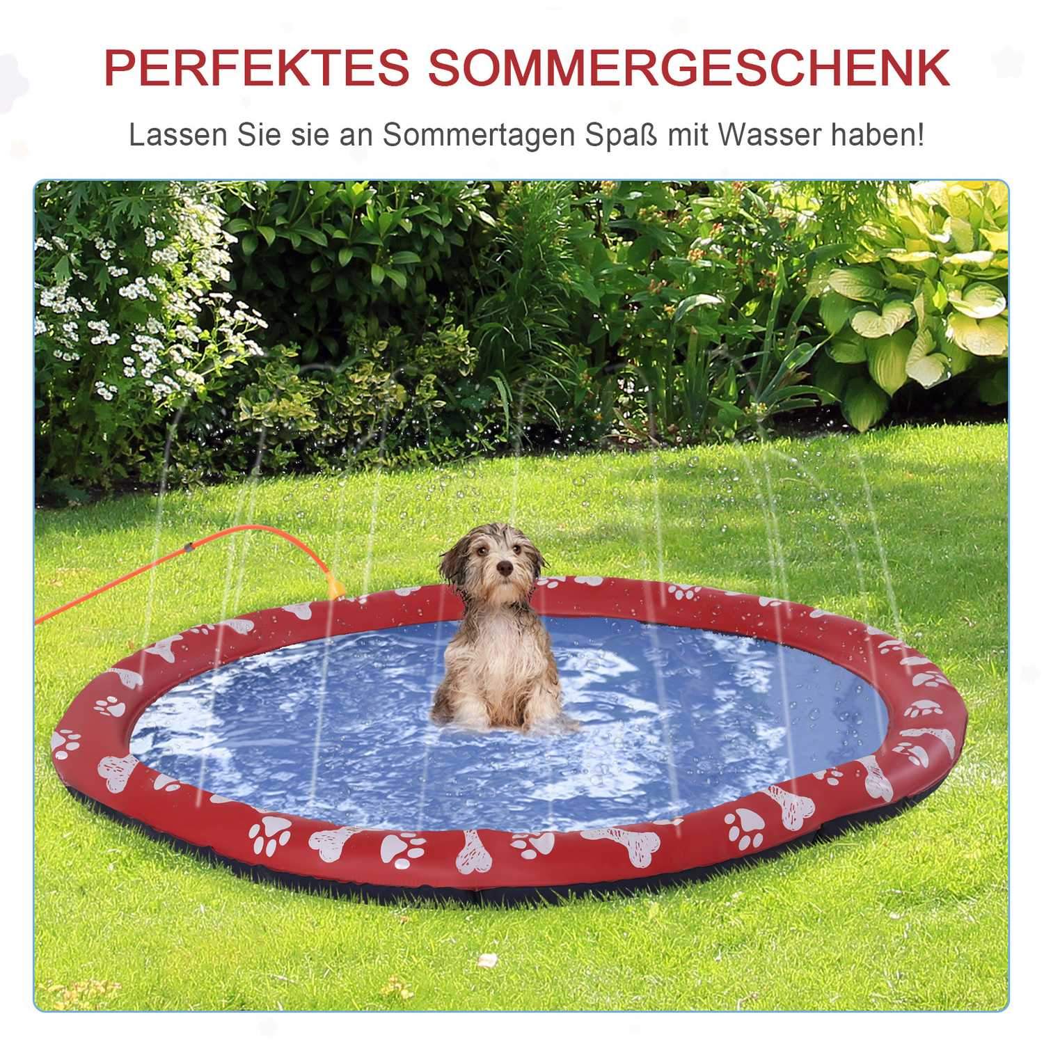 Hundebasseng For Hunder, Vannmatte Diameter 150 Cm Hundebasseng Spray Vannlekematte, Sklisikker, Til Hage, Camping, Rød