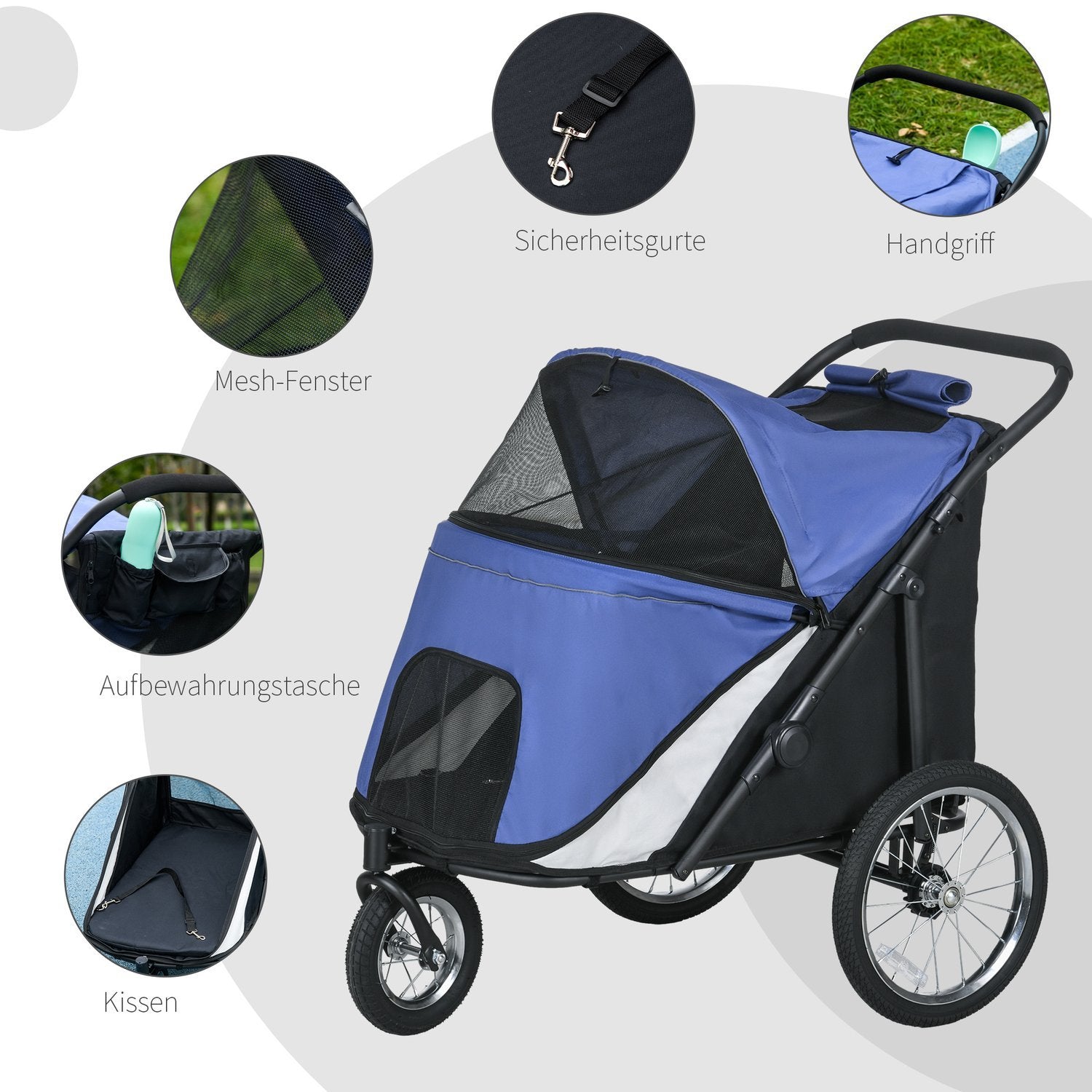 Hundvagn Dog Buggy Mesh Fönster Fällbart Kattvagn Säkerhetskoppel Stora Gummihjul Upp Till 30 Kg Oxford Blue