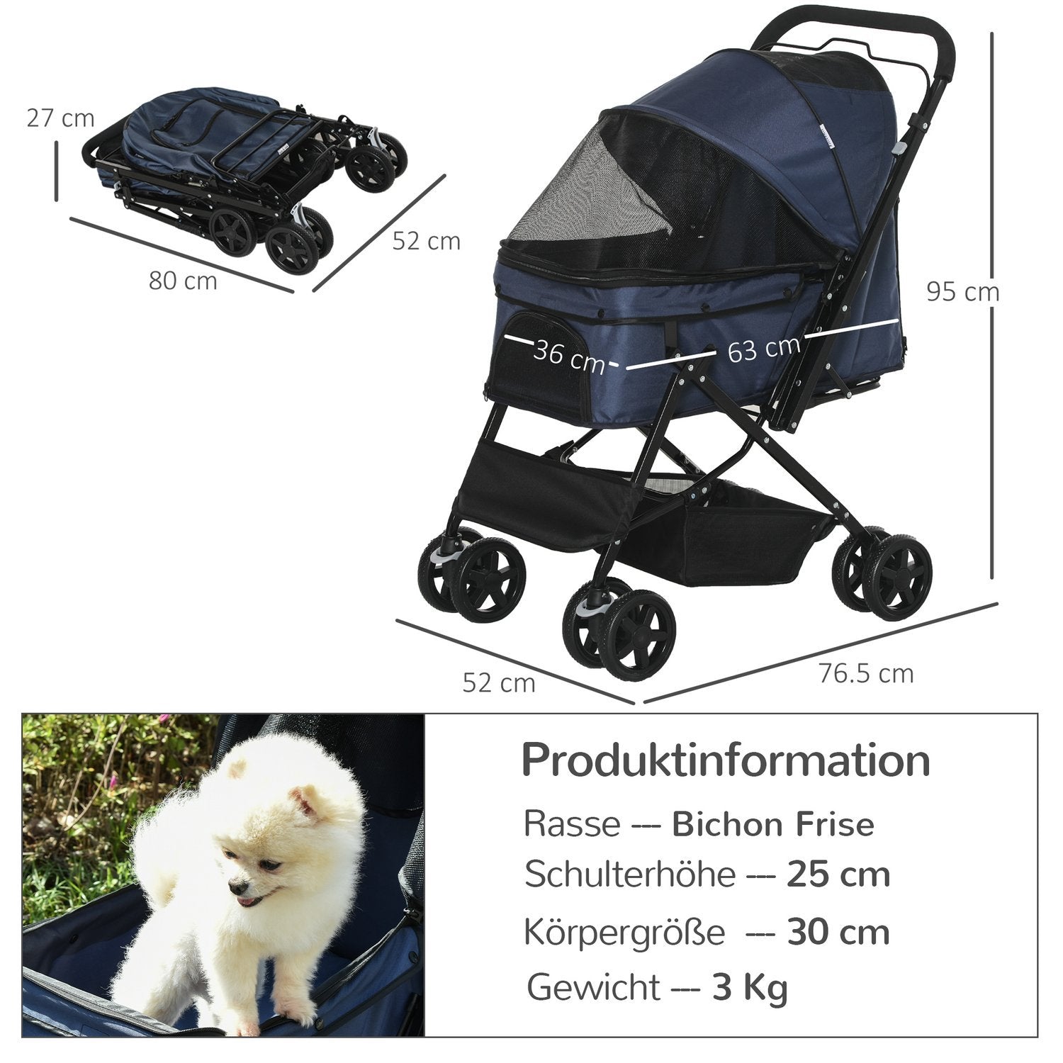 Kjæledyrvogn Cat Buggy Oxford Blue 76,5X52X95Cm Små hunder og katter