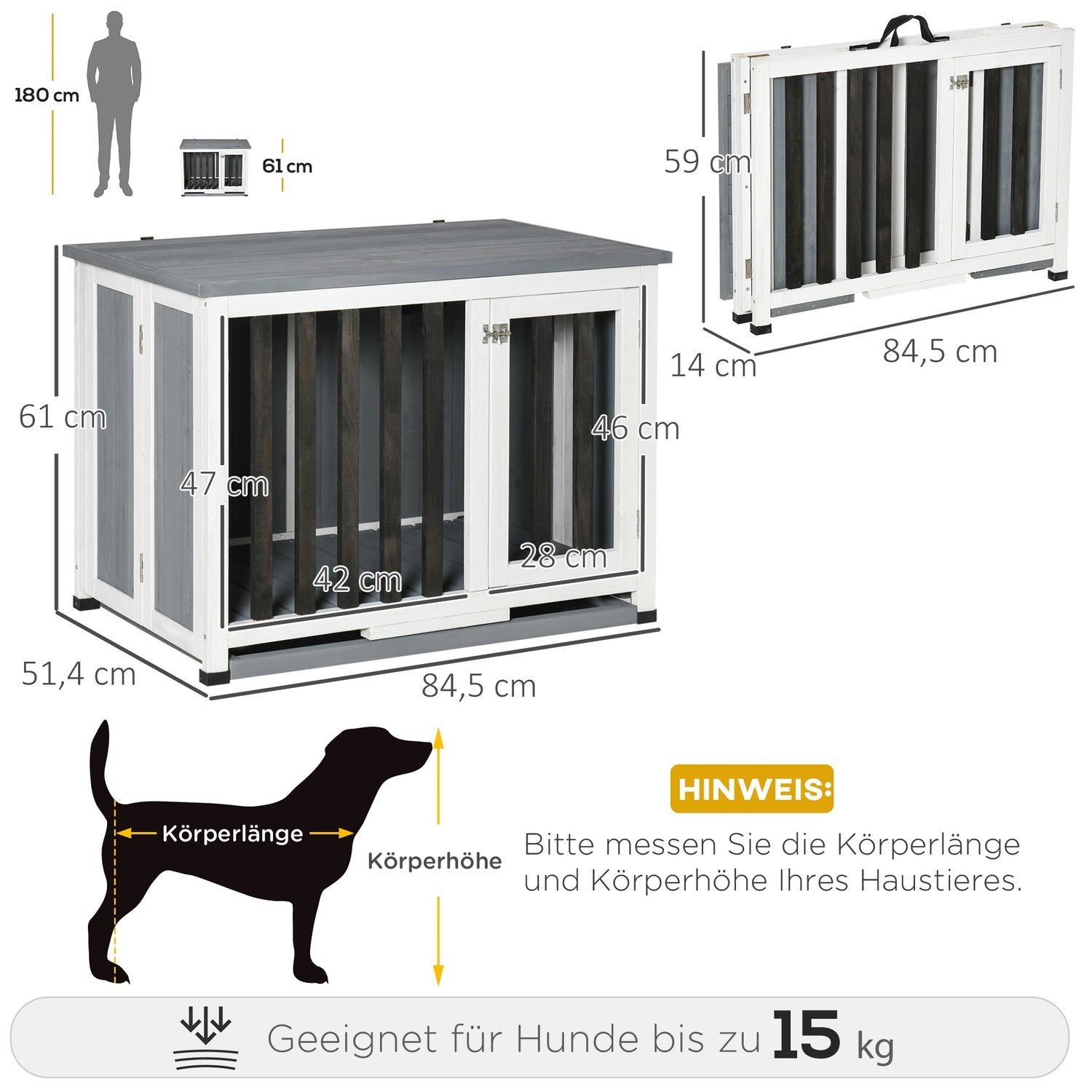 Dog Kennel Hopfällbar Hundbur Gran Trä Fönster Transportlåda Grå 84,5X51,4X61Cm