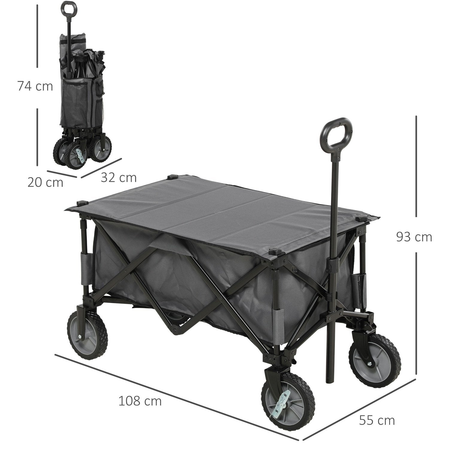 Håndvogn, sammenleggbar transportvogn med justerbart håndtak, hagevogn med sidelommer og sammenleggbar brett, lastekapasitet opptil 120 kg, mørkegrå