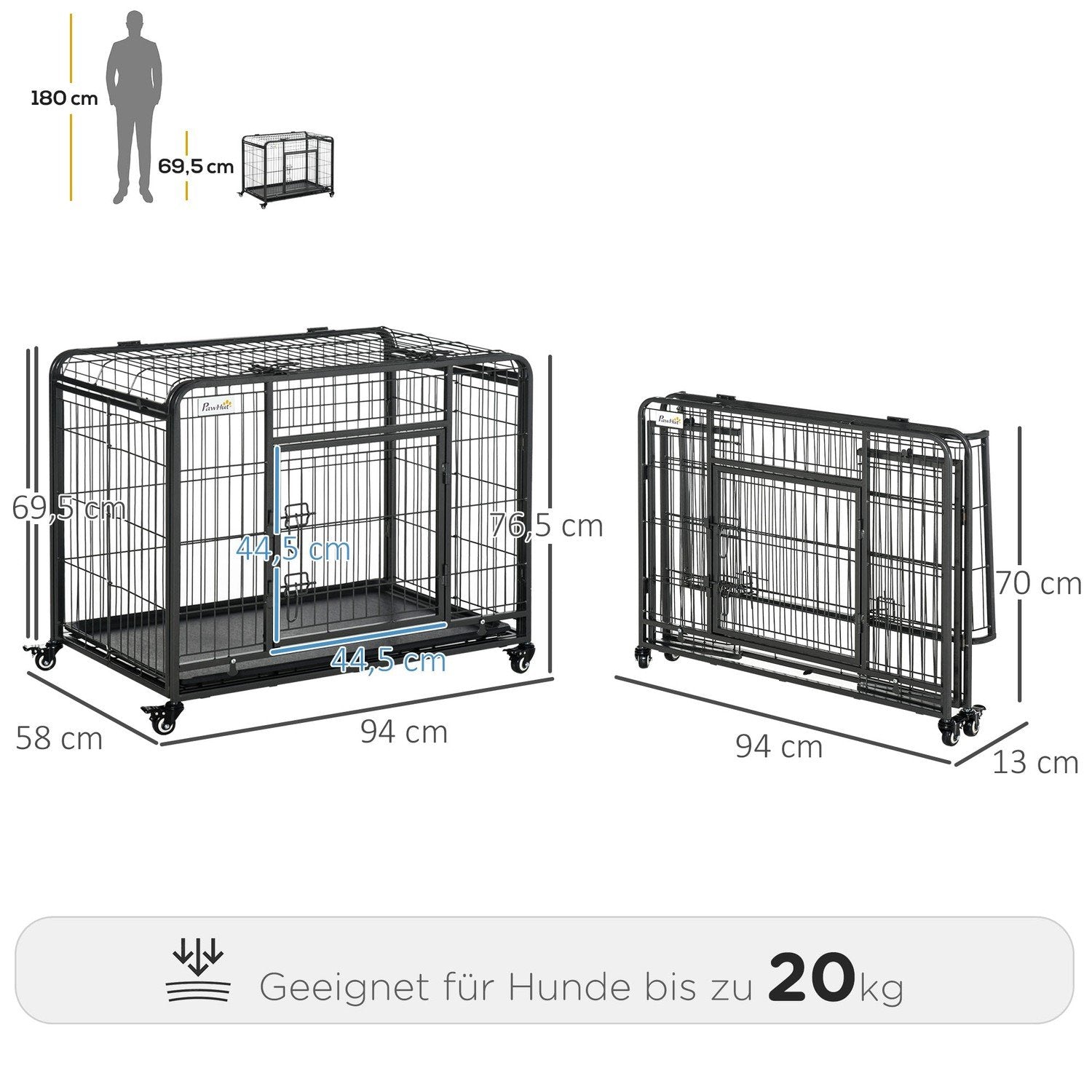 Transportbox Vikbar Transportbur Med Hjul, 2 Låsbara Dörrar, Metall, Grå+Svart, 94X58X69,5 Cm