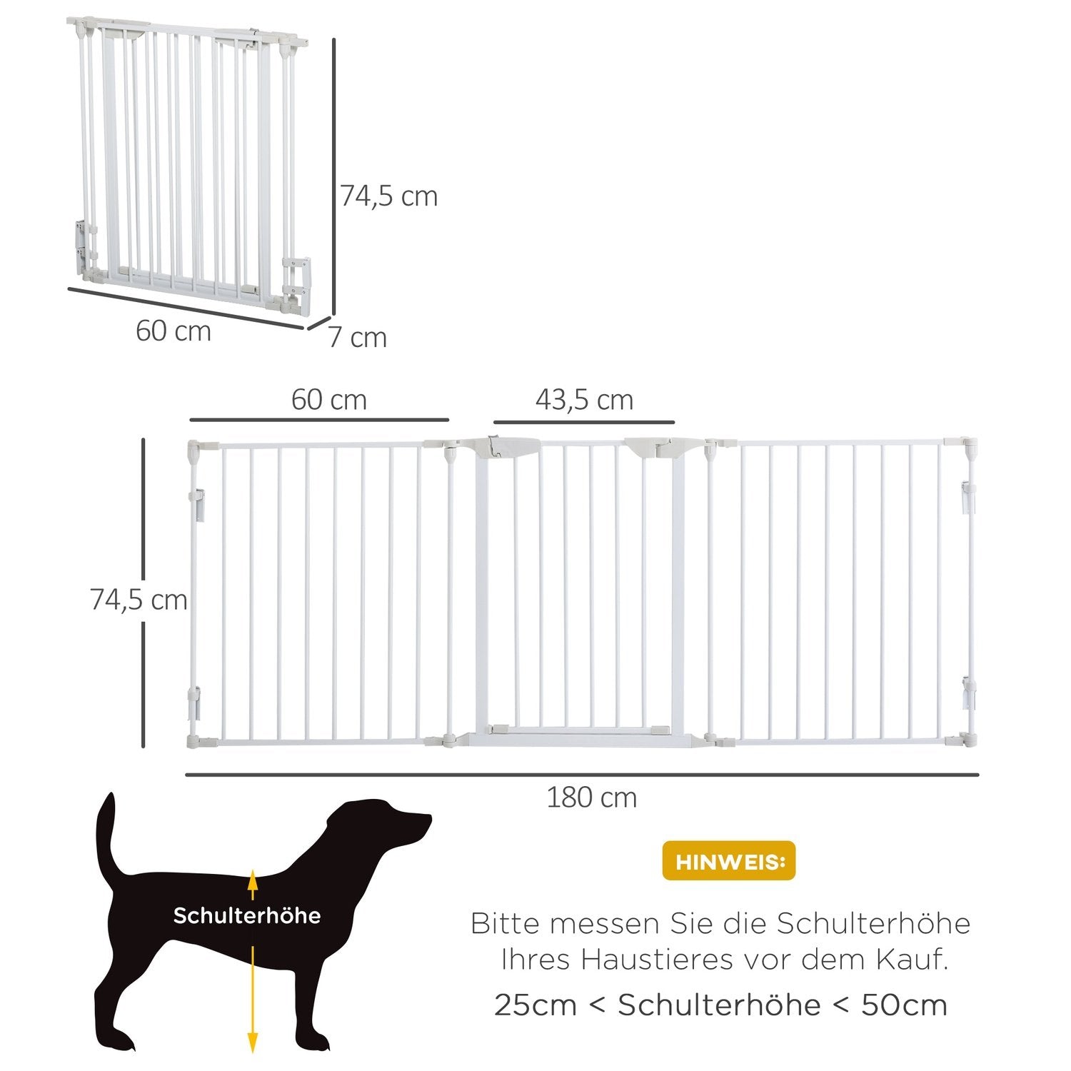 Låseport for hunder, beskyttelsesport, hundeport, dørbeskyttelse, 3 elementer inkludert sikkerhetsdør, metall, plast, hvit, 180 x 3 x 74,5 cm