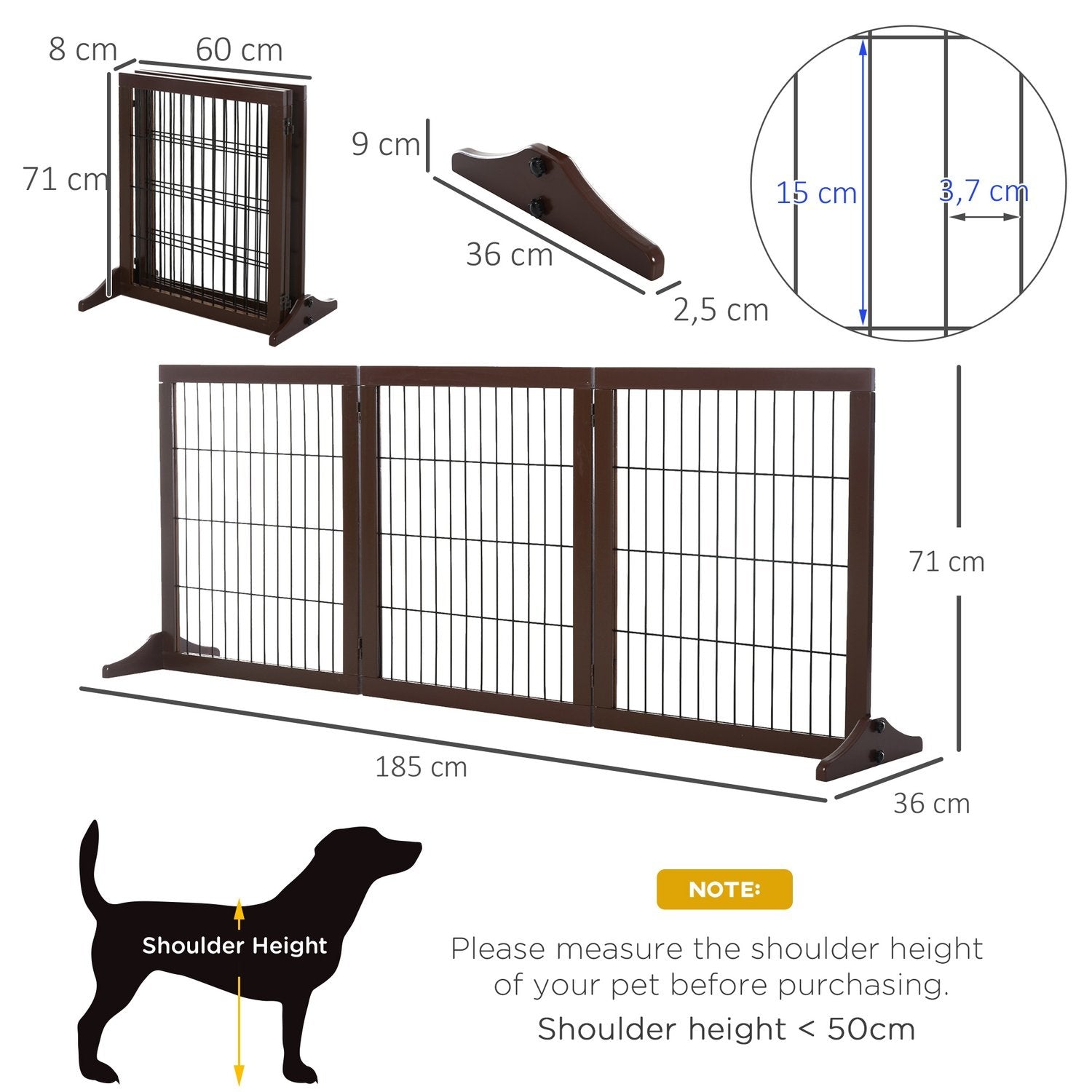 Dog Gate Barrier Tillverkad Av Furu, Fristående, Brun, 185X36X71Cm