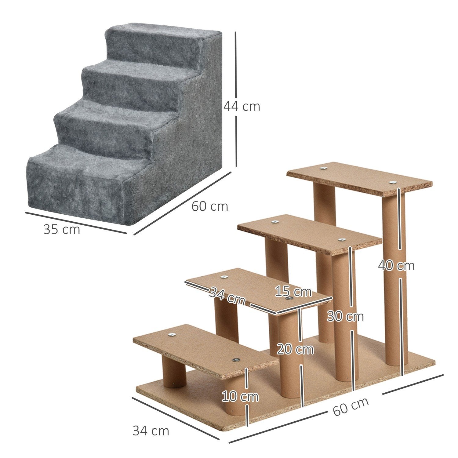 Pet Stairs 4-Step Dog Ramp Med Avtagbar Kåpa, Katttrappa, Spånskiva, Plysch, Grå, 60X35X44Cm