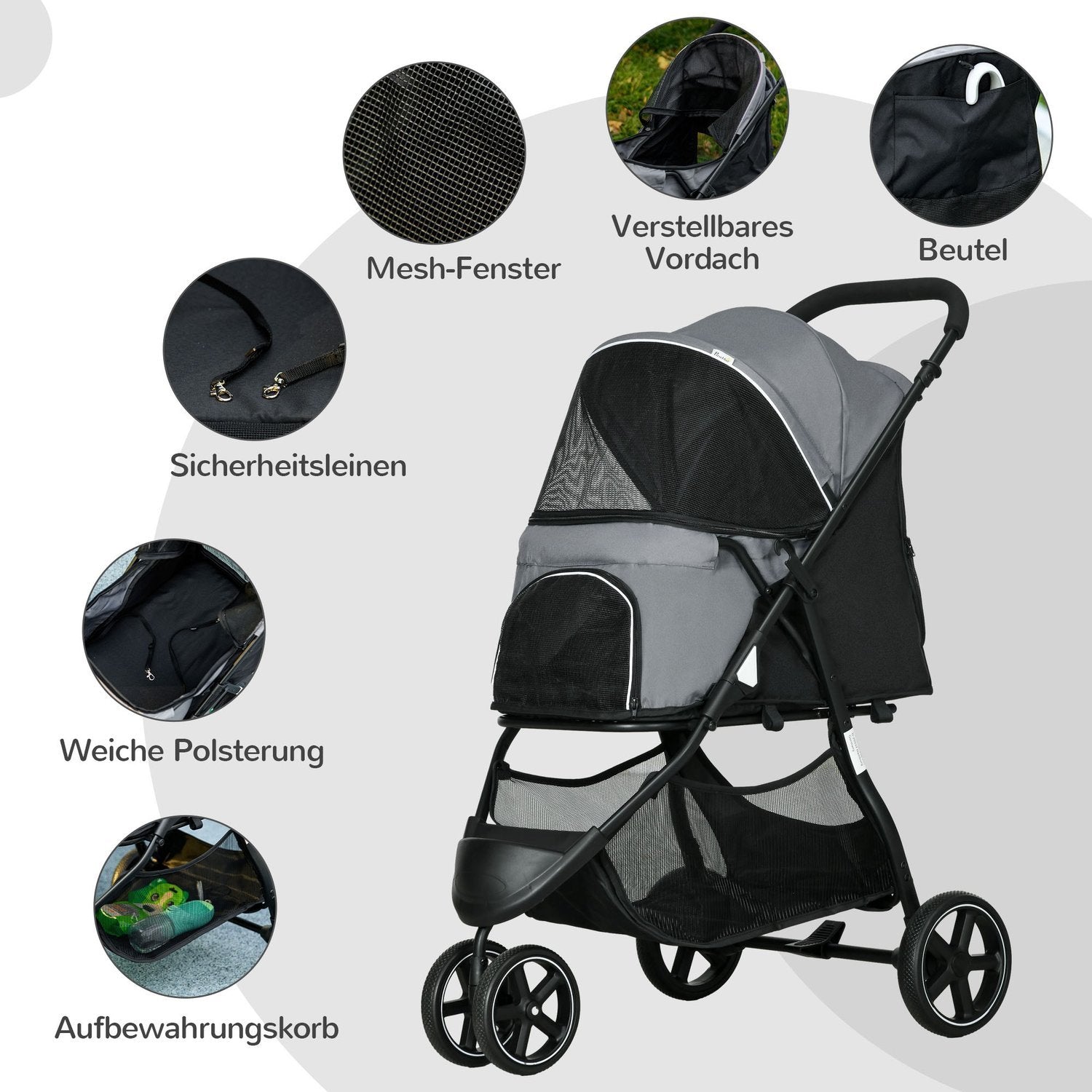 Pet Buggy Regnskydd Säkerhetskoppel Förvaringskorg Vikbar Små Hundar Oxford Grey