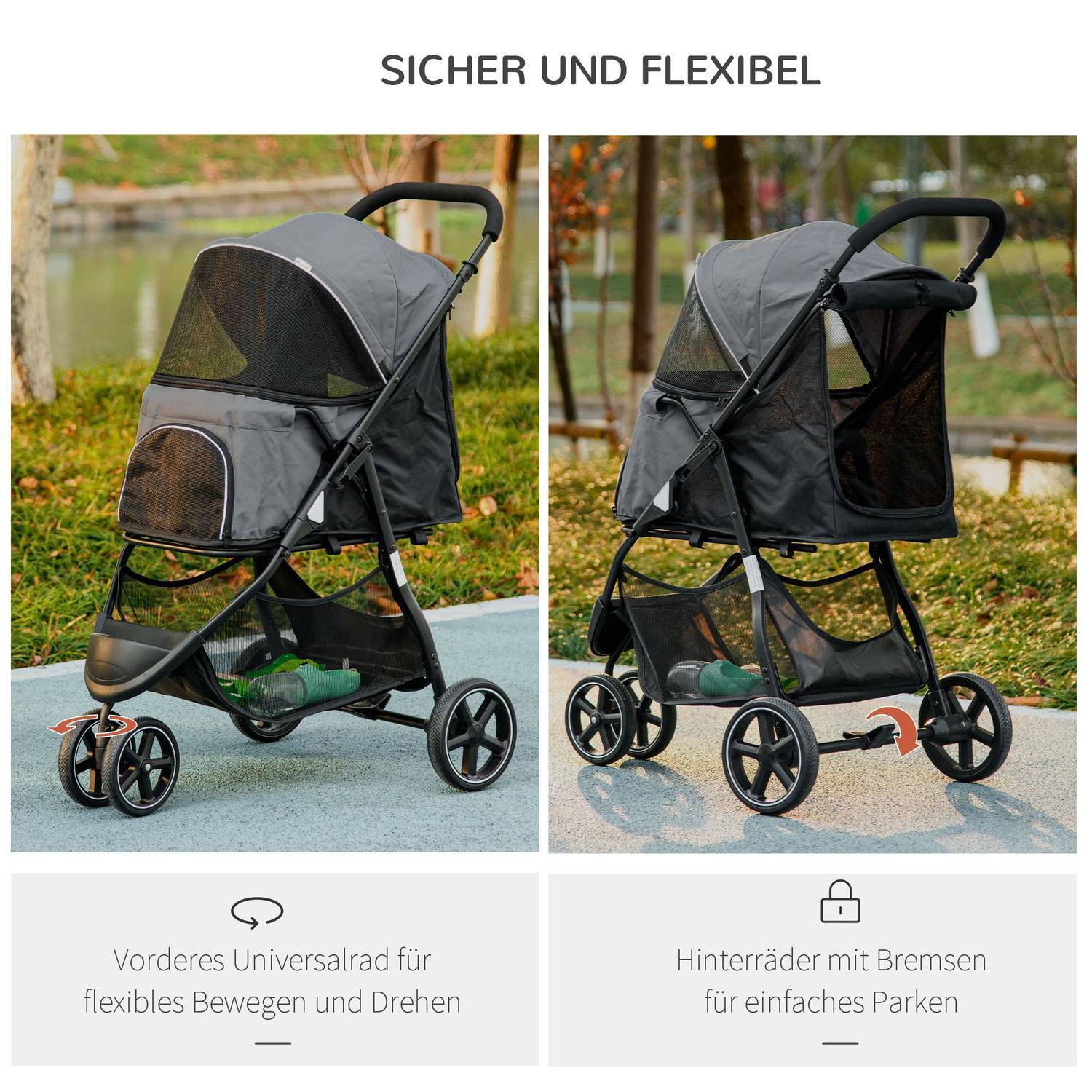 Pet Buggy Regnskydd Säkerhetskoppel Förvaringskorg Vikbar Små Hundar Oxford Grey