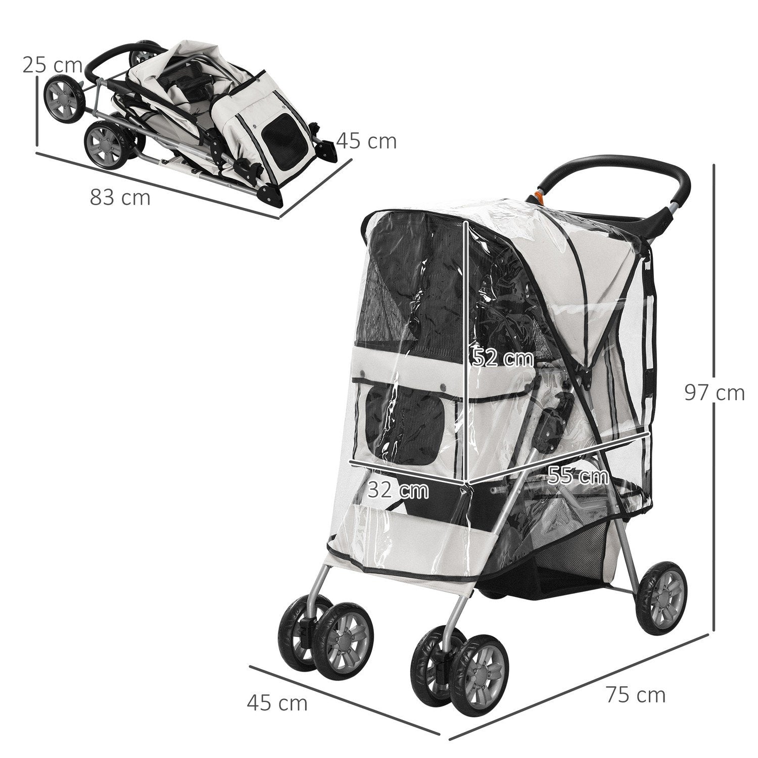 Hundevogn Hundevogn med regntrekk, sammenleggbar hundevogn opptil 20 kg, grå, med koppholder og nettingvindu, 75X45X97Cm