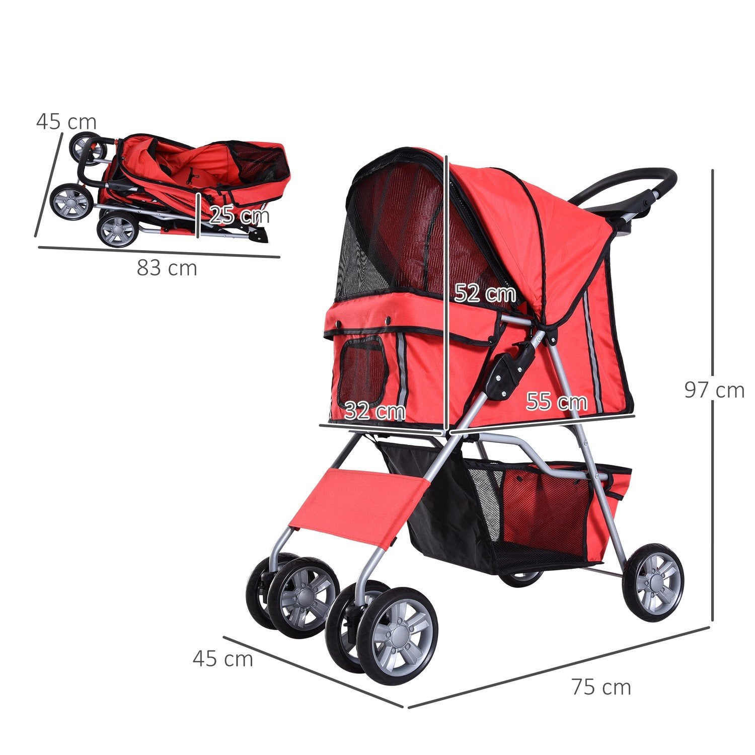 Dog Buggy Hundevogn i rødt, Dog Buggy Stroller Jogger Trailer, lett og sammenleggbar