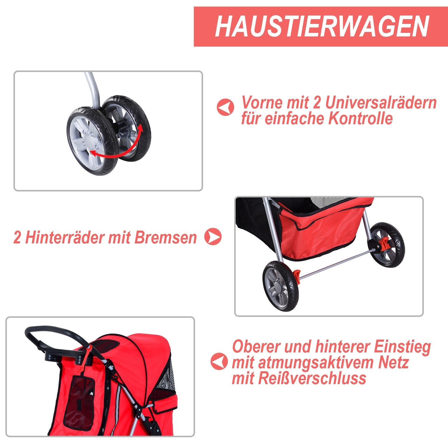 Dog Buggy Hundevogn i rødt, Dog Buggy Stroller Jogger Trailer, lett og sammenleggbar