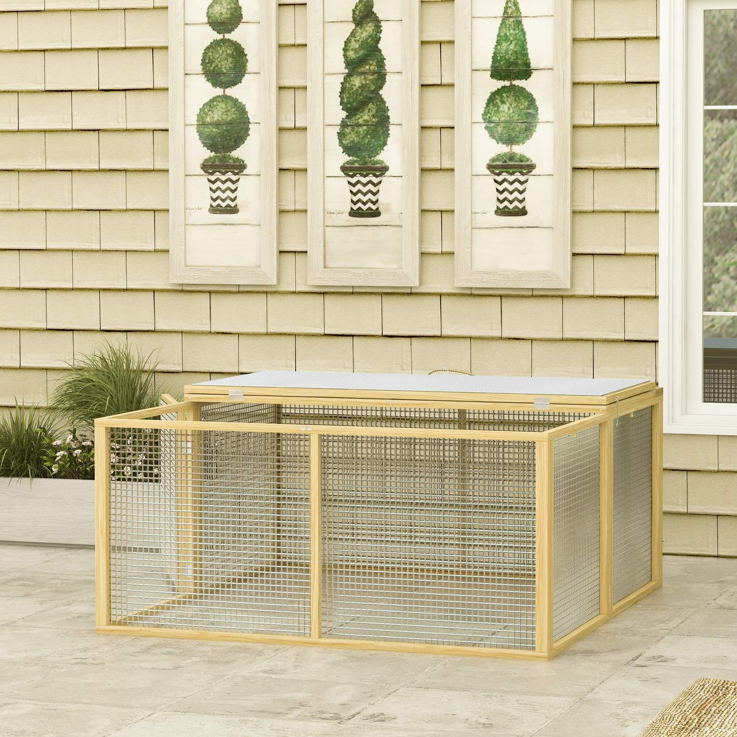 Rabbit Hutch Trä Vikbar Smådjur Hut Outdoor Run Öppet Tak Marsvin Naturlig 120X120X57Cm