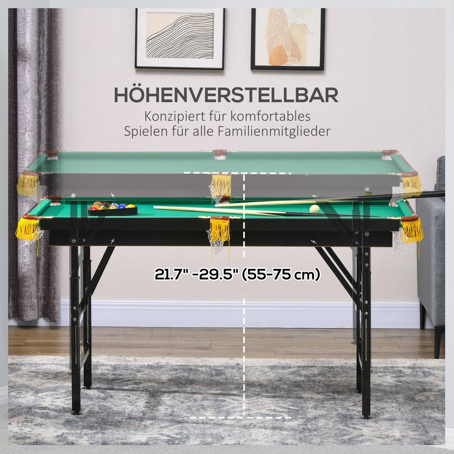 Biljardbord 4,6 fot sammenleggbart 140 X 60 X 55-75 Cm Bordbasseng med tilbehør, trekant, 2 kjønn, 16 baller for ungdom, voksne, stål, grønn