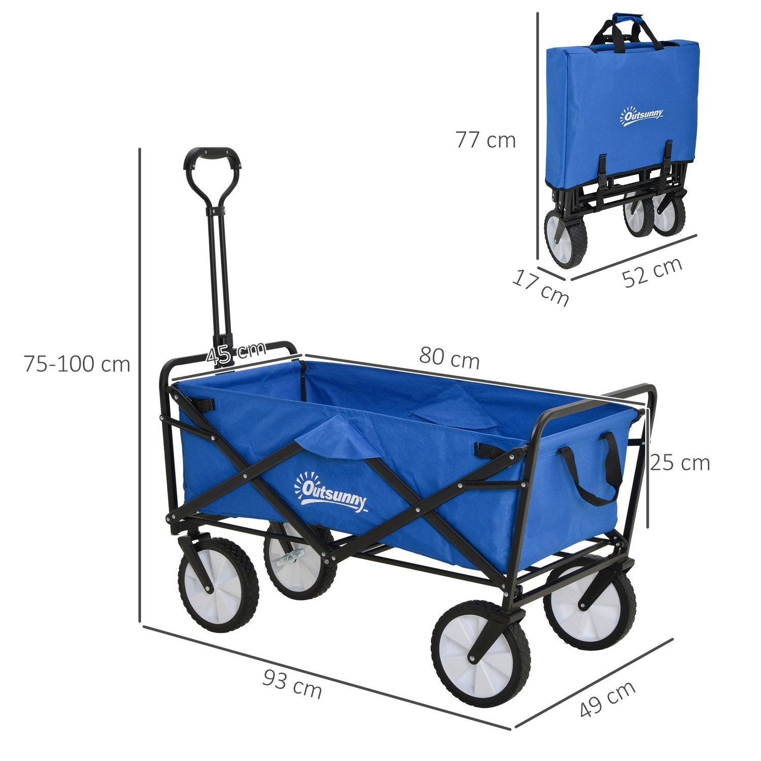 Håndkjerre, sammenleggbar vogn, 360° hagevogn, transportvogn, strandvogn, stålramme, Oxford, 93 X 49 X 75-100 Cm