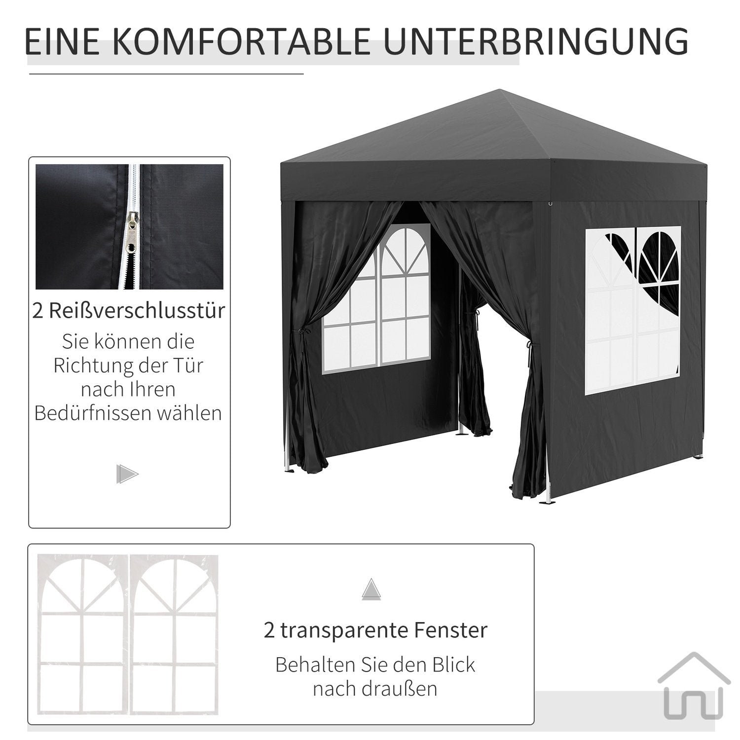 Sammenleggbart lysthus 2 X 2M lysthus med 4 sidevegger, vindu, markeringstelt med UV-beskyttelse, hagetelt med bæreveske, stål Oxford, svart