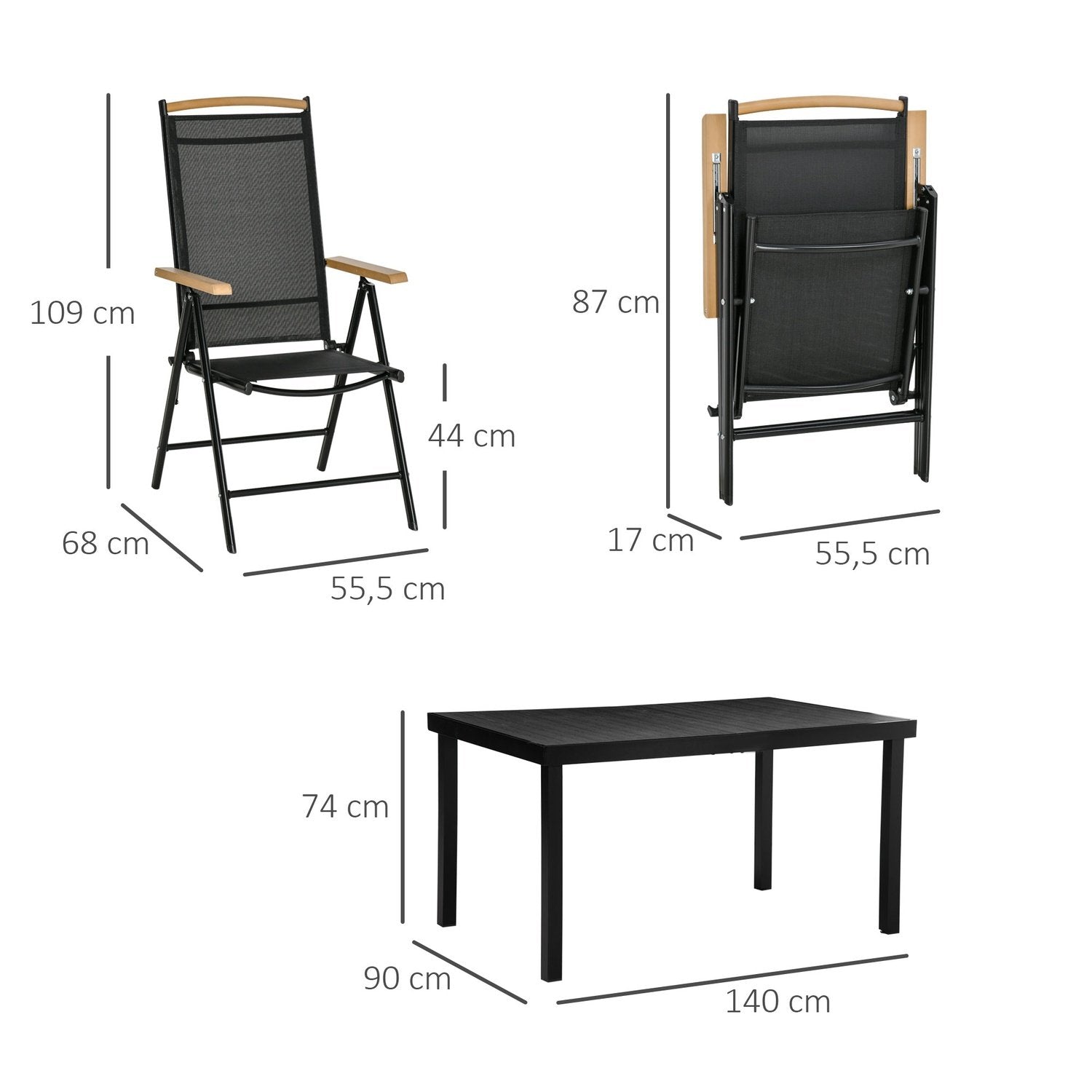 Hopfällbar Sittgrupp För 6 Personer Trädgårdsmöbler Set 1 Bord + 6 Stolar Sittgrupp Aluminium Mesh Svart