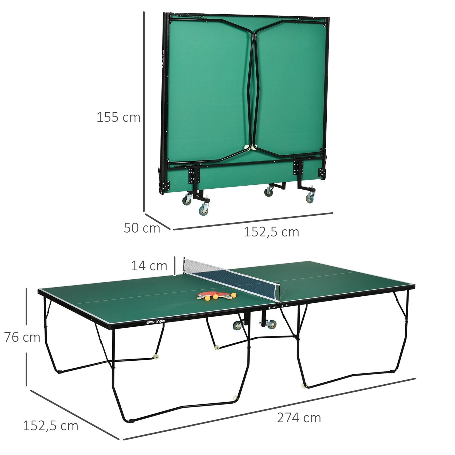 Innendørs bordtennisbord med hjul Bordtennisbord sammenleggbart bordtennisspillsett med 2 bordtennisball og 3 baller, stål, grønn