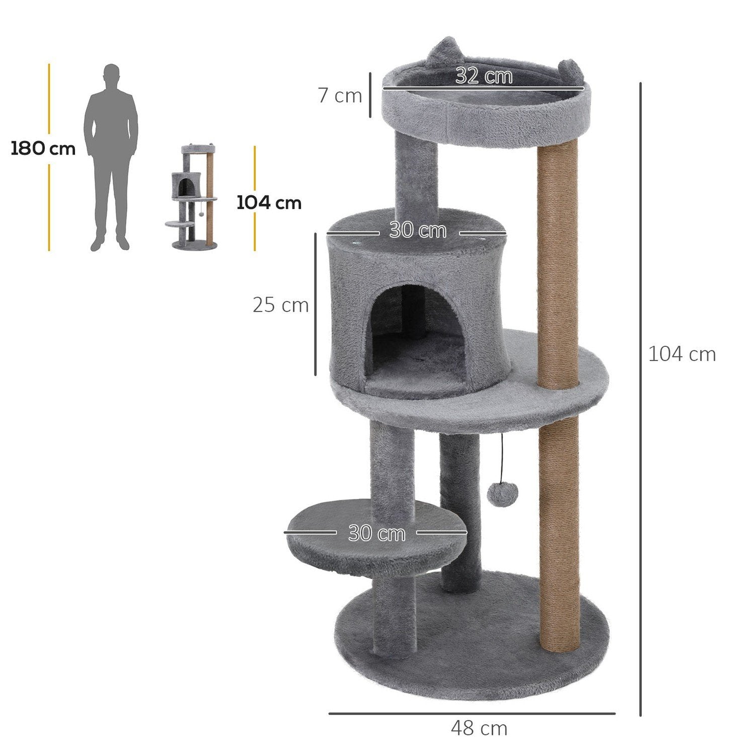 Cat Tree 4-lags kattehule med lekeballer, abbor, sisal-søyle, scratcher, plysj, grå, 48X48X104Cm