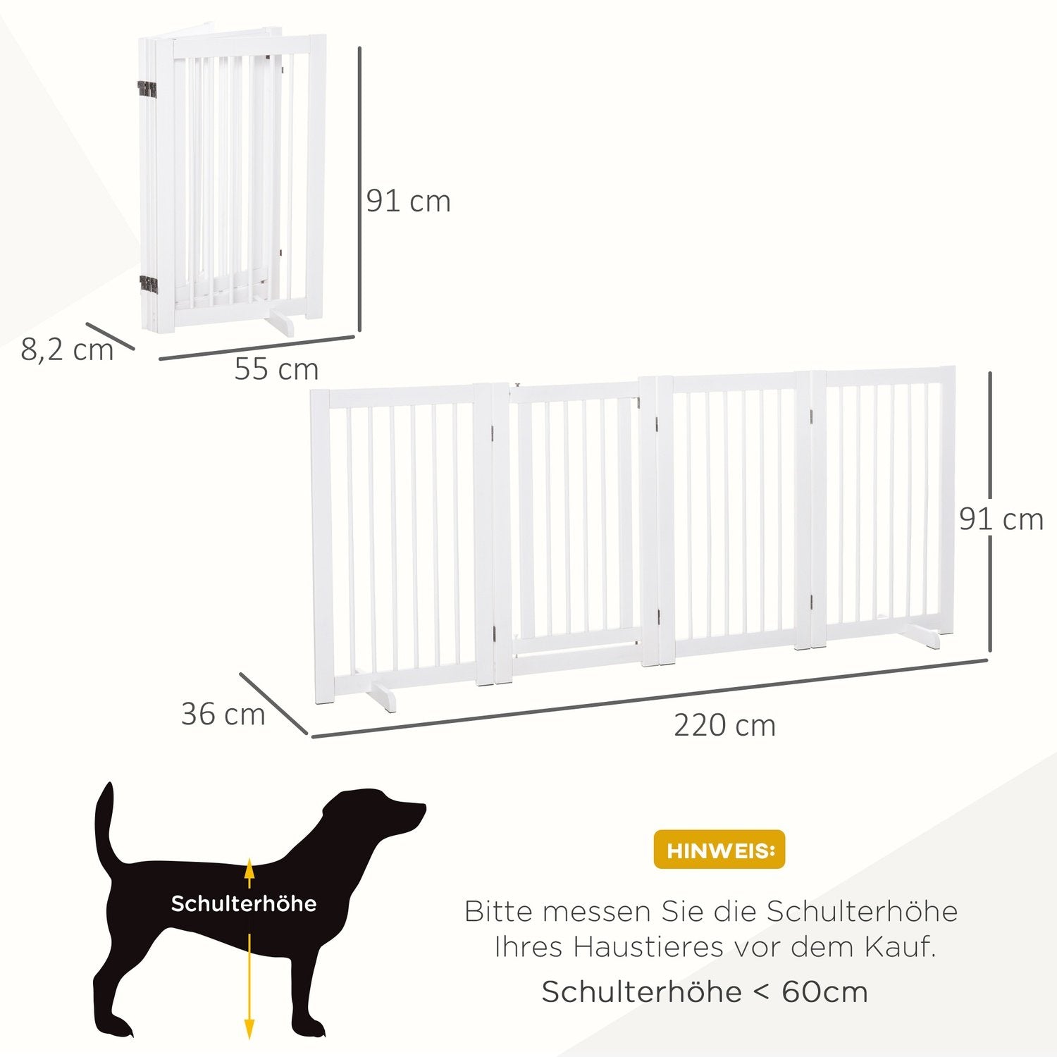 Hundspärr 91 Cm Skyddsgrind Av Trä Fristående Hundgrind Med Dörr Vikbar Med 2 Stödfötter För Djur & Trappor Vit