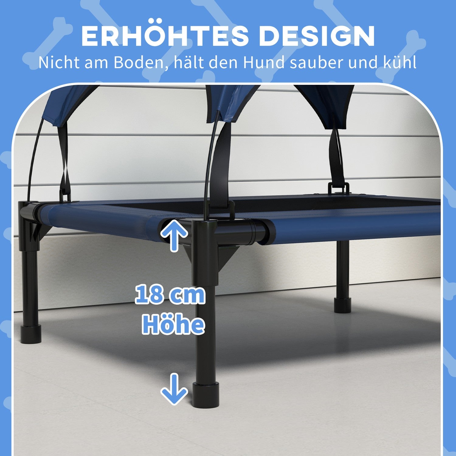 Förhöjd hundsäng utomhus med andningsbart tak