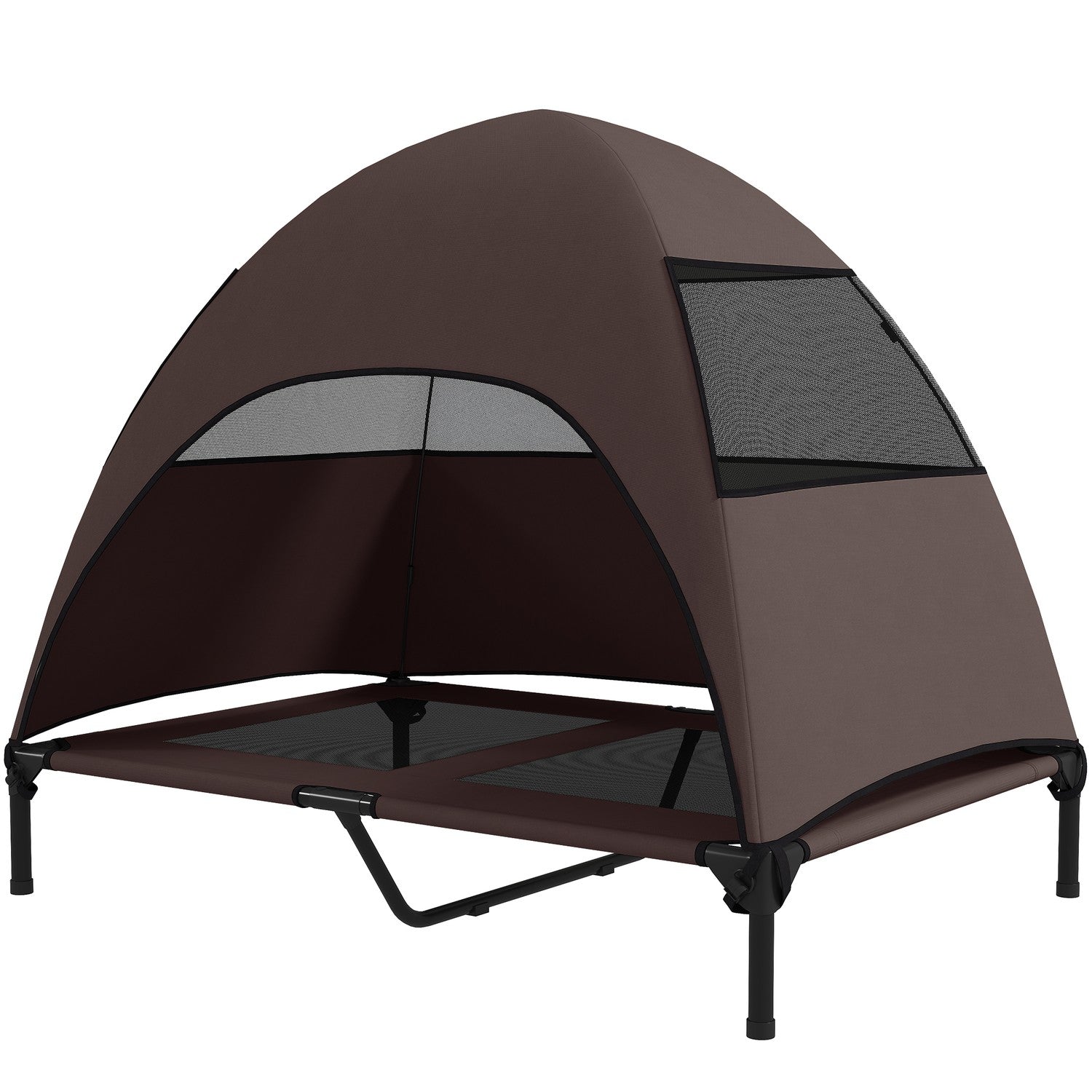 Förhöjd hundstol utomhus med tak och kylnät