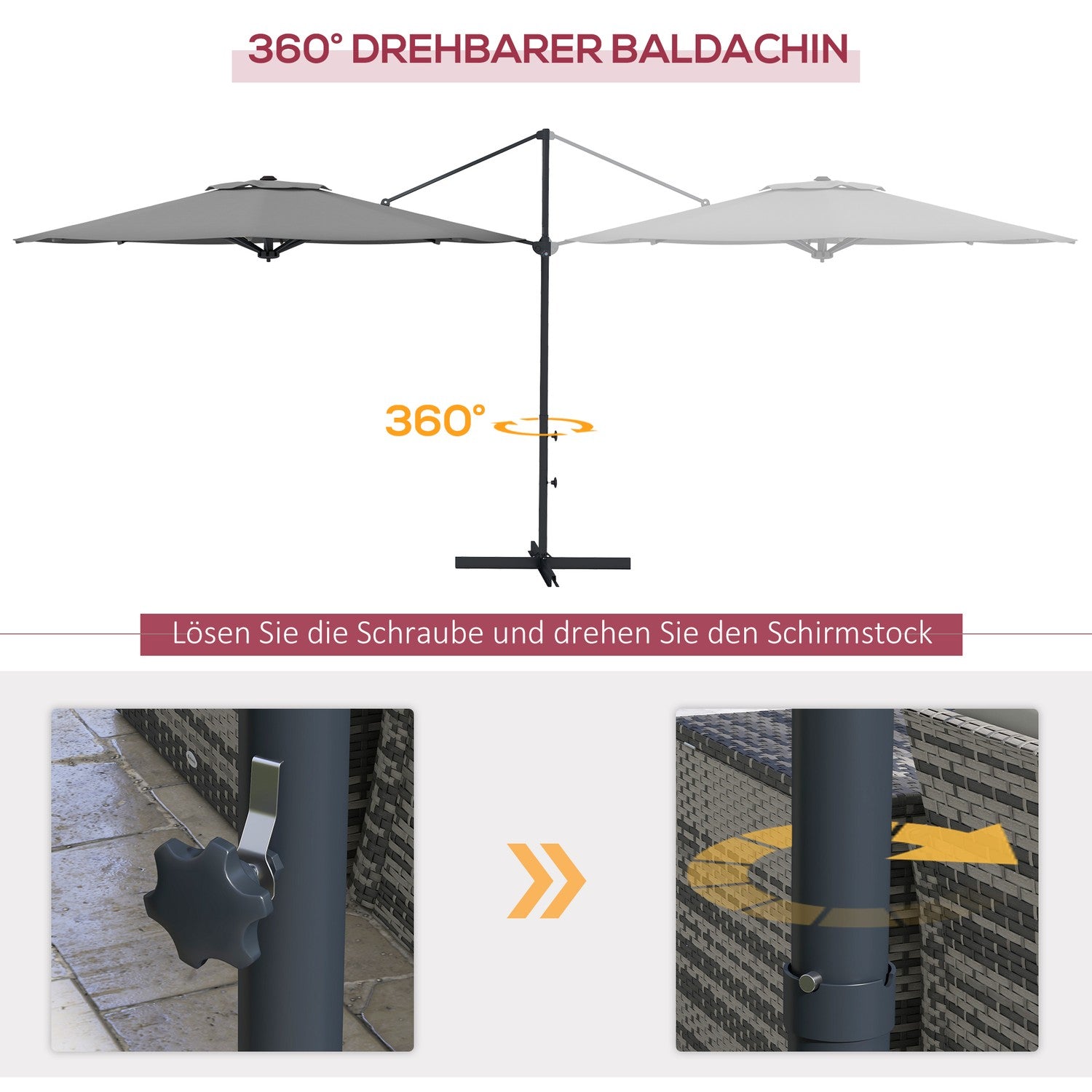 Fribärande 3m lutande parasoll, roterande trädgårdsparaply
