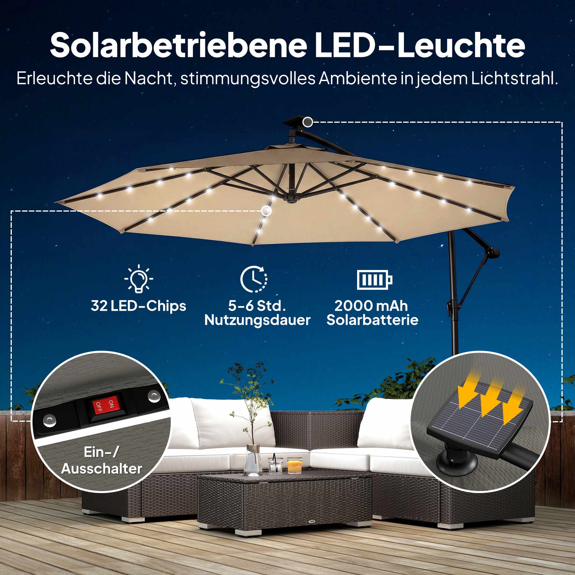Fribärande parasoll med LED-ljus, 3x3m, beige