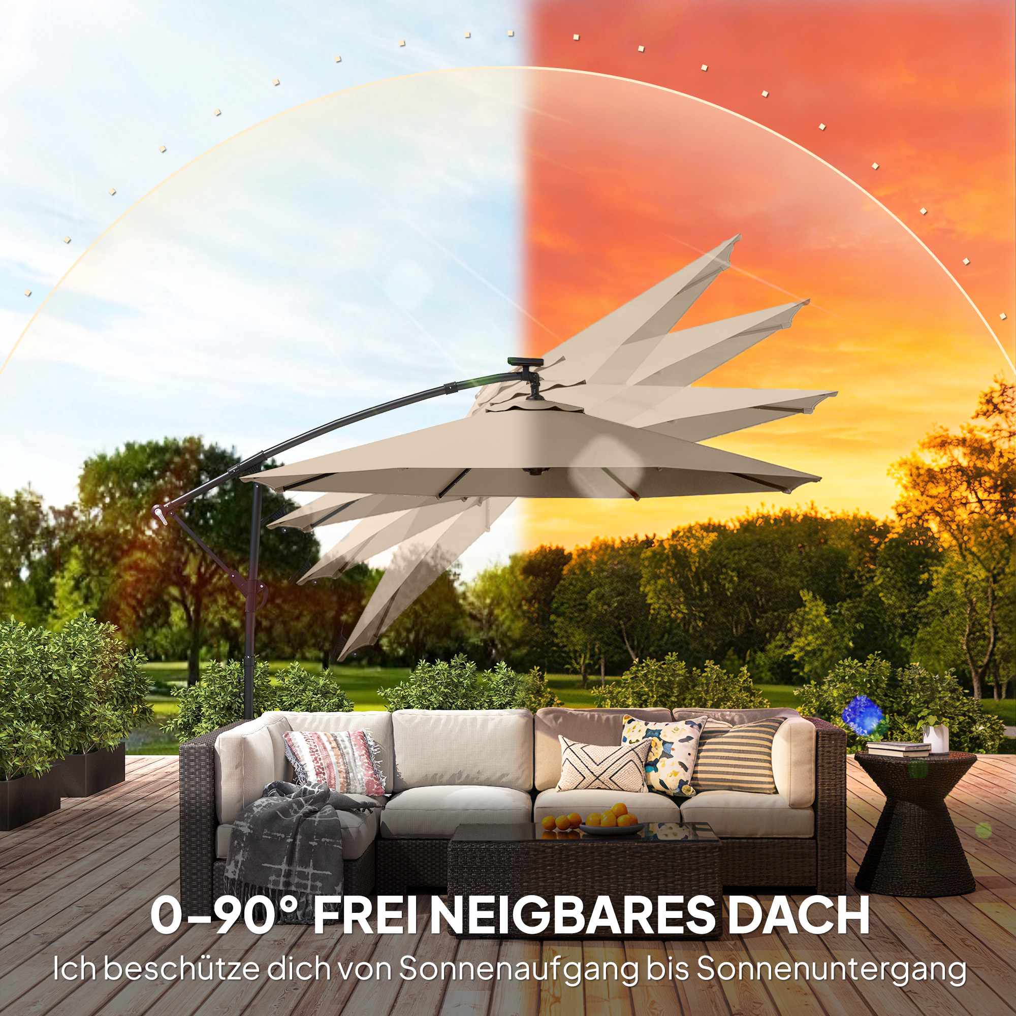 Fribärande parasoll med LED-ljus, 3x3m, beige