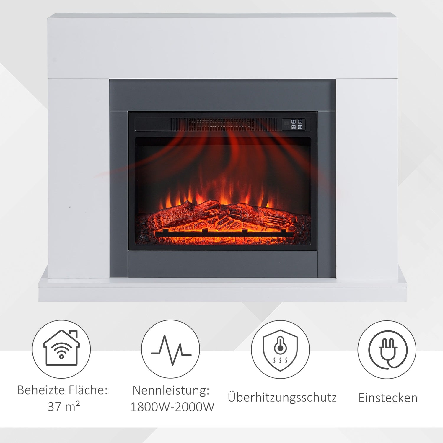 Fristående LED Elektrisk öppen spis, Flameffekt, MDF, Vit