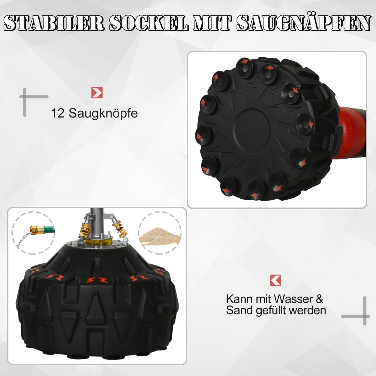 Frittstående boksesekk, sugefot, 180cm, svart/rød