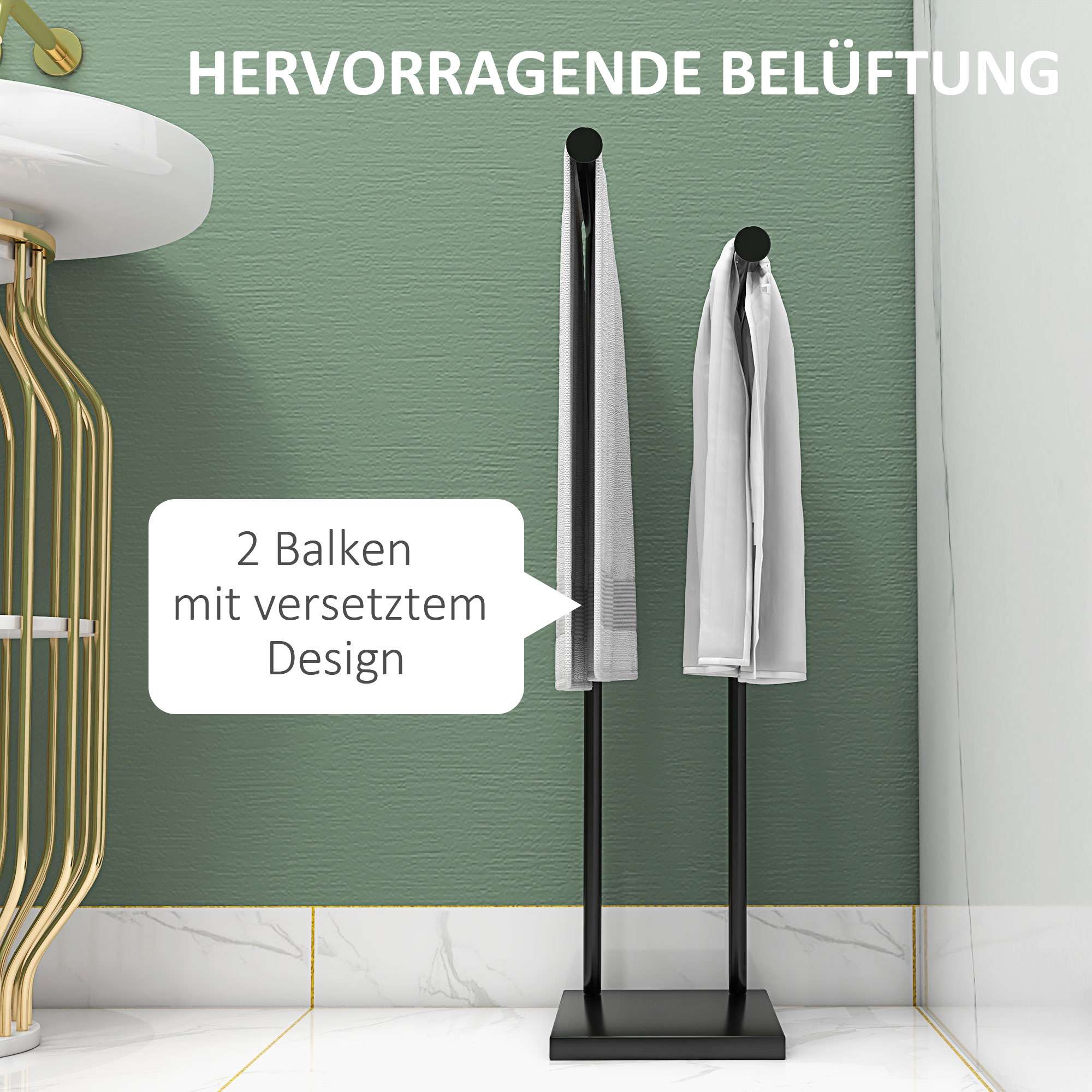 Fristående handdukshängare med 2 stänger, svart metall 35,5x20x78 cm