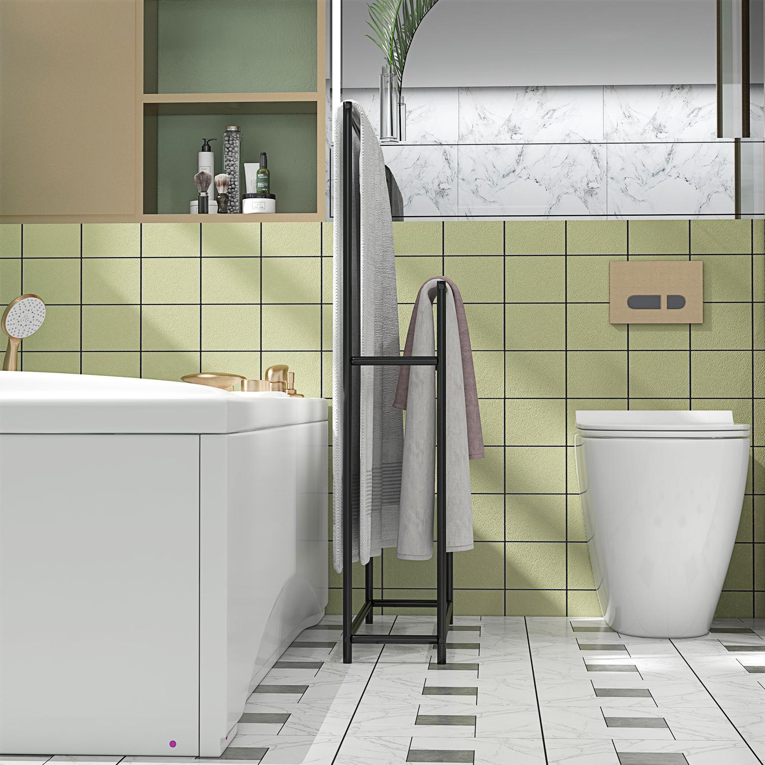 Fristående handduksställ i svart metall, 2 skenor, badrum