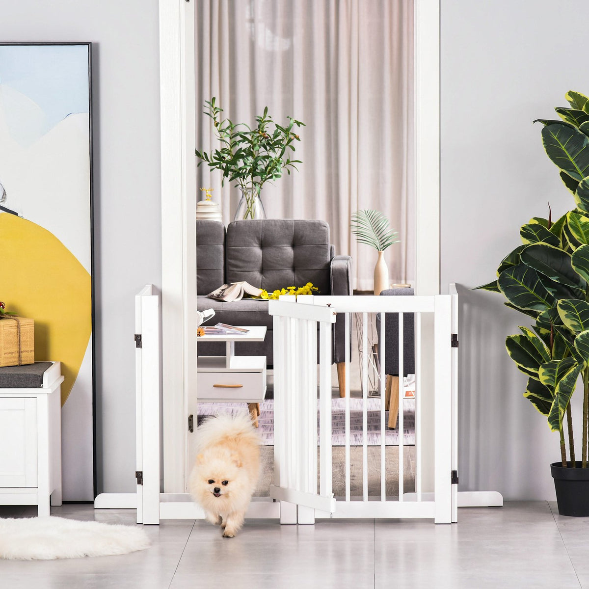 Frittstående hundegrind i tre med dør, foldbar 75cm