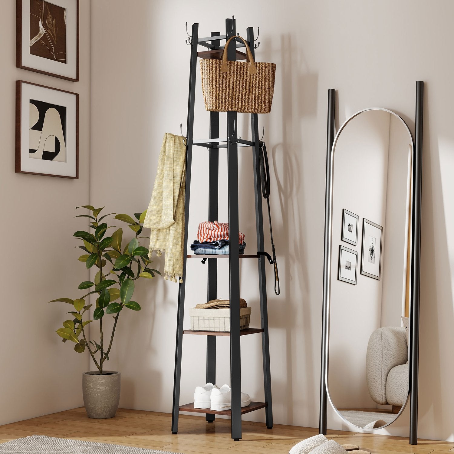 Fristående klädhängare, 4 hyllor, 8 krokar, industriell stil