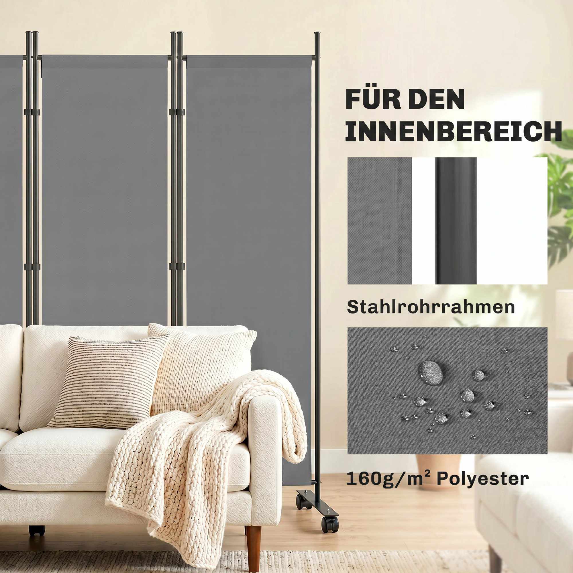 Fristående rumsavdelare, 5 paneler, mörkgrå, 252 x 40 cm