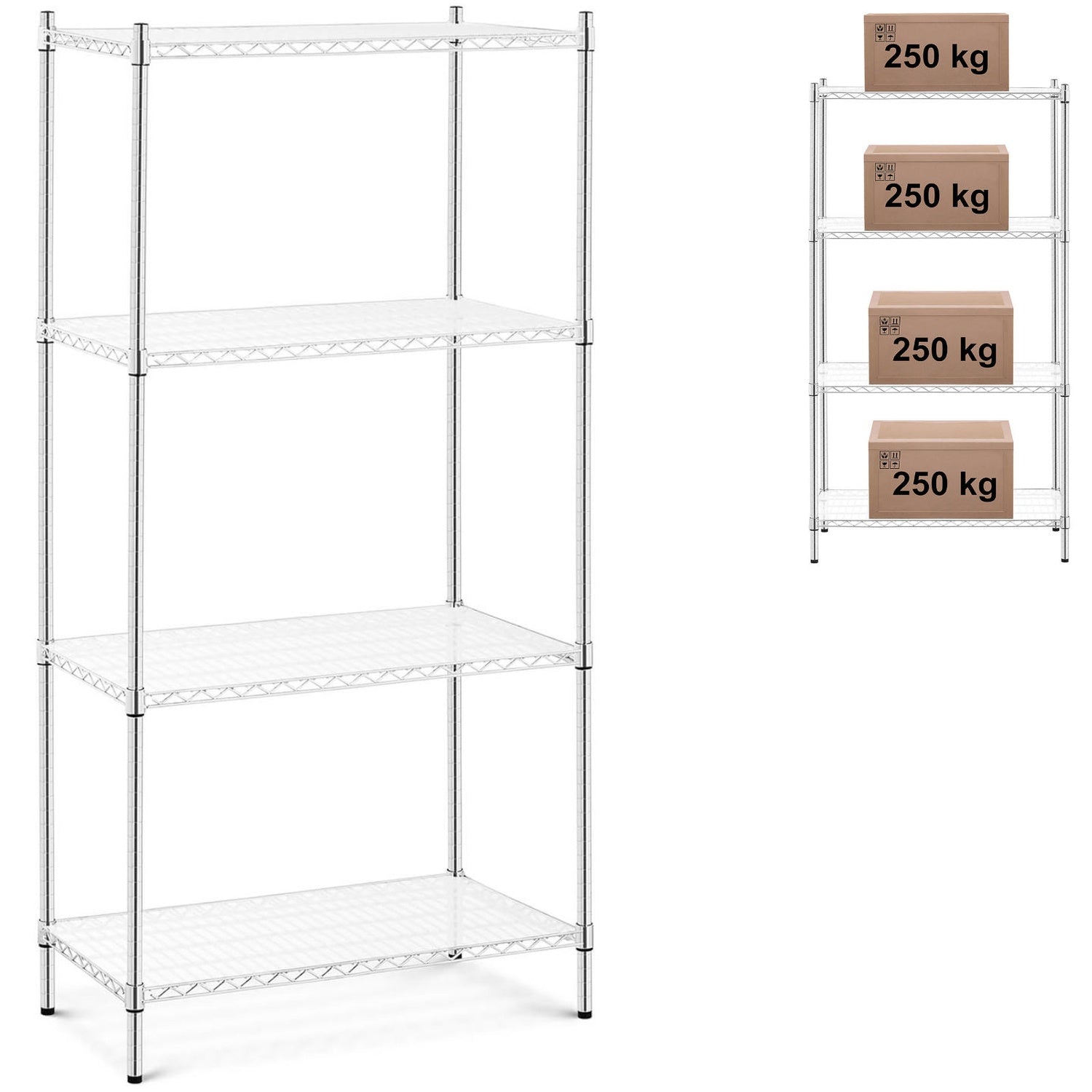 Förkromad trådverkstadshylla, 4 hyllor + 4 mattor, upp till 1 t 1000 kg, 90x45x180 cm