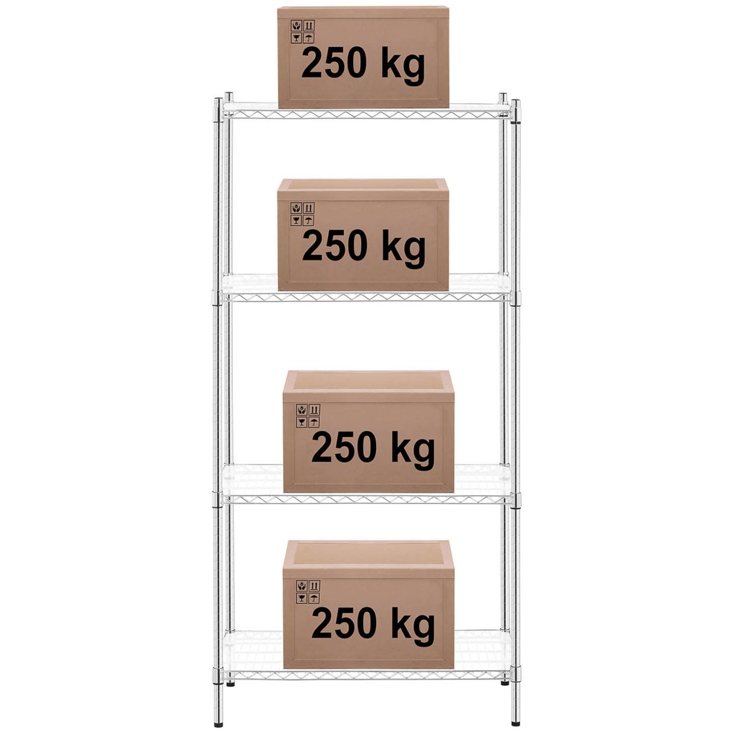 Förkromad trådverkstadshylla, 4 hyllor + 4 mattor, upp till 1 t 1000 kg, 90x45x180 cm